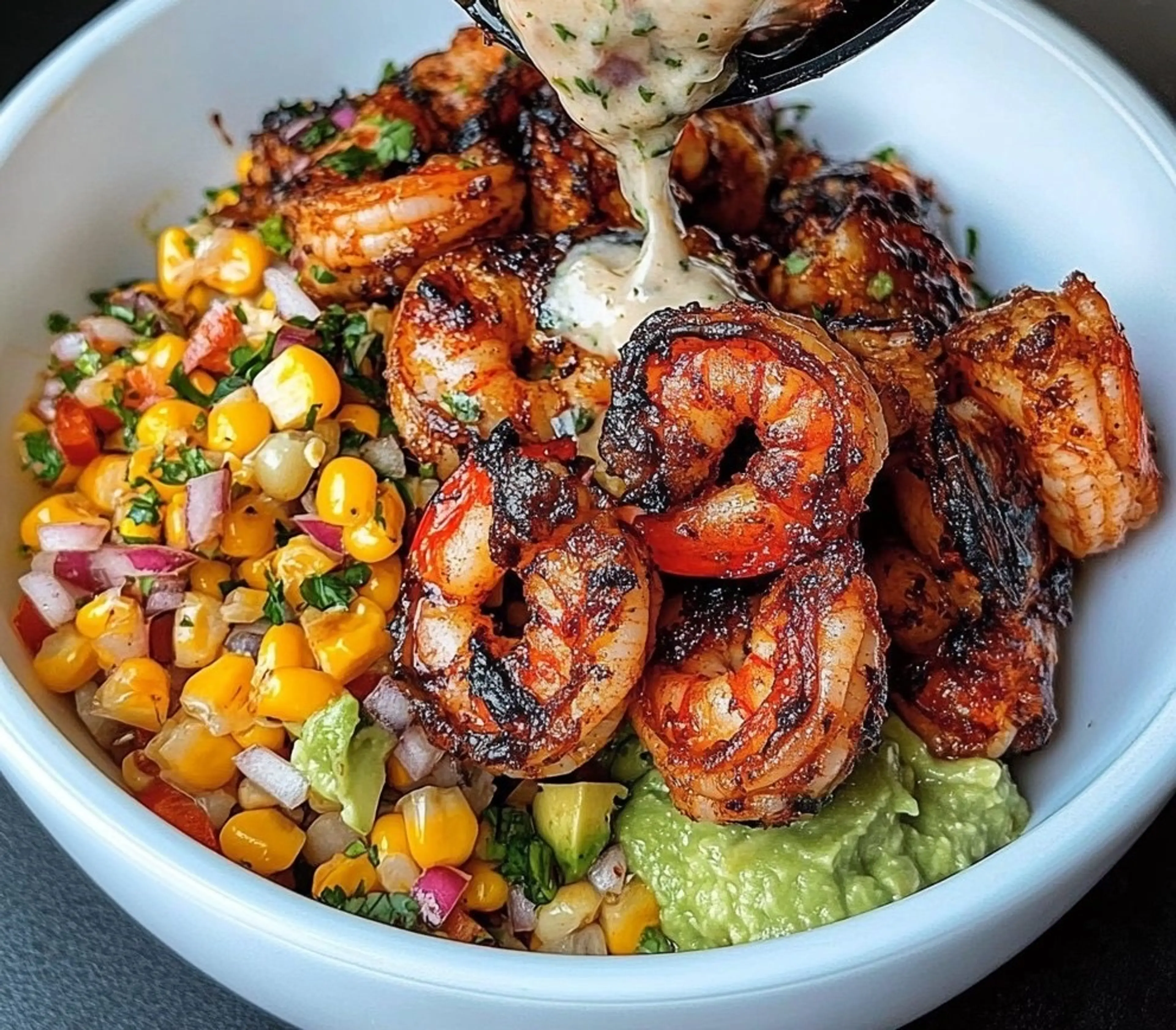 Grilled Shrimp Bowl with Avocado, Corn Salsa & Creamy Garlic