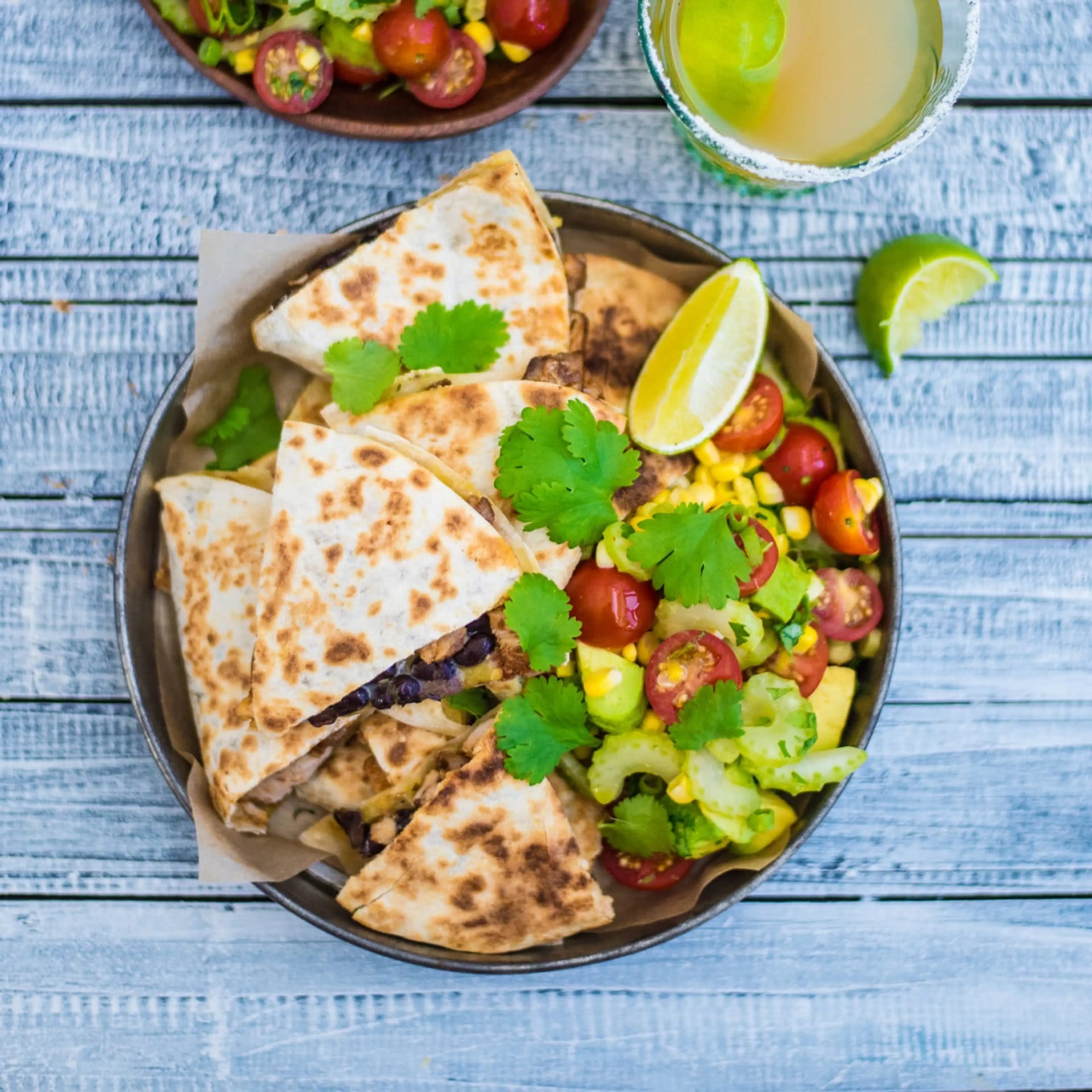 Chicken and Bean Quesadillas with Corn, Avocado and Tomato S