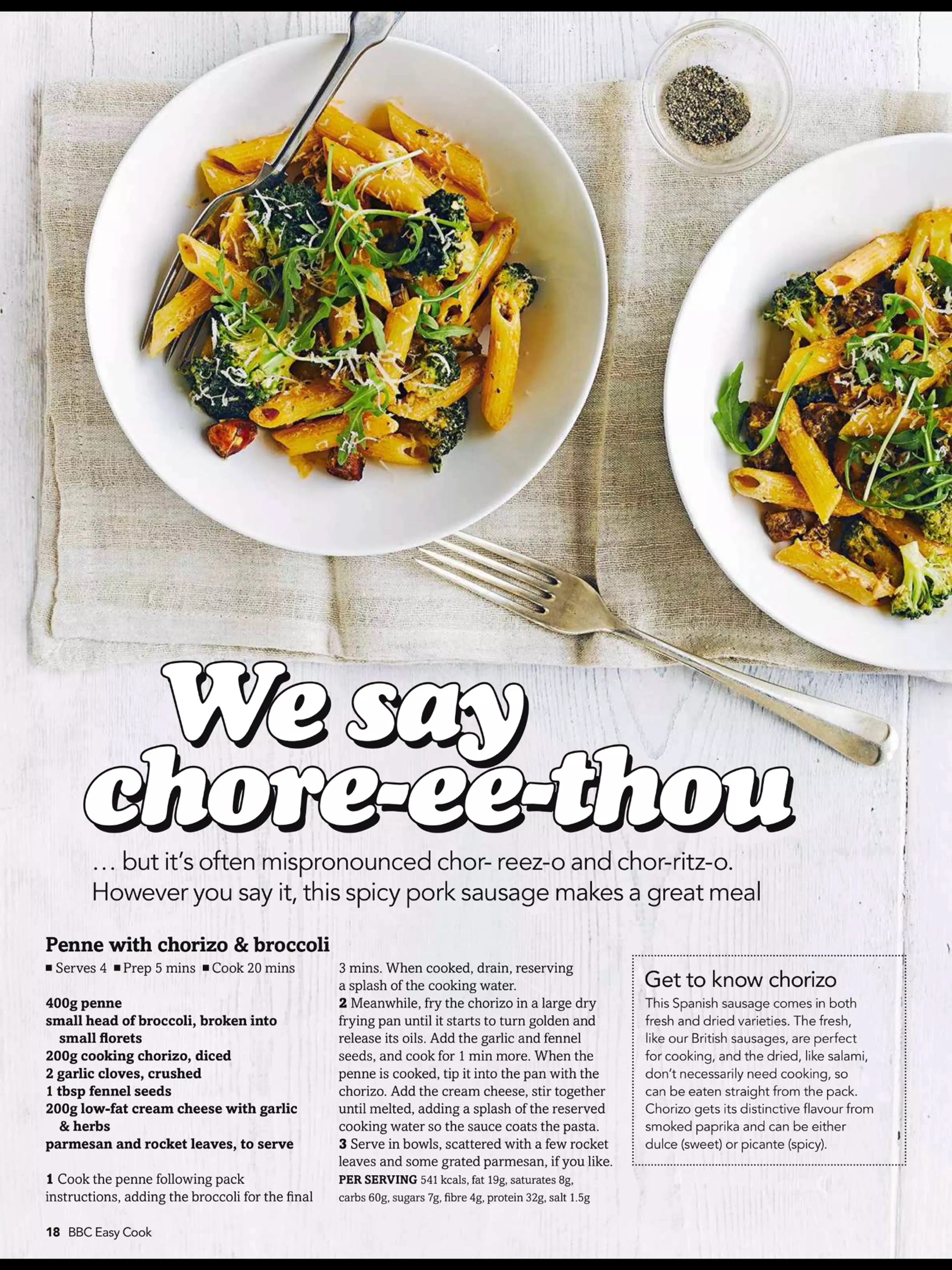 Penne with chorizo & broccoli