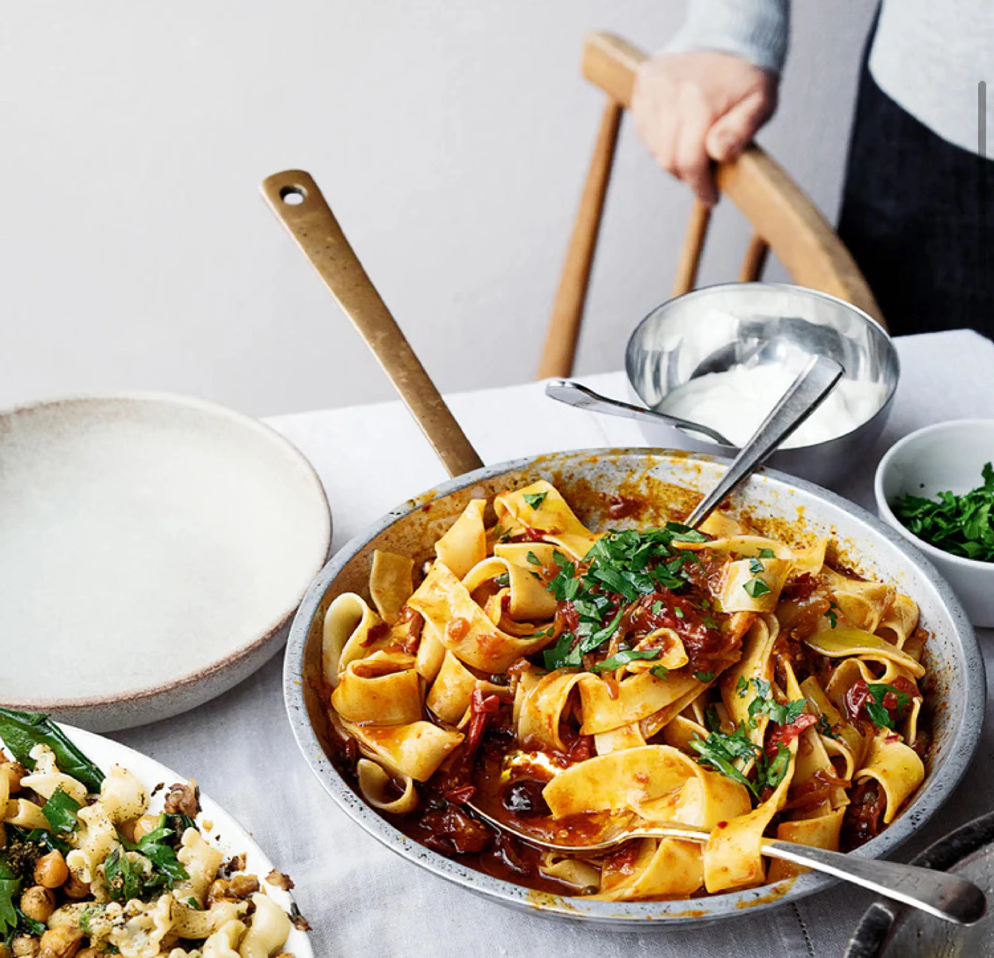 Pappardelle with rose harissa, black olive and capers