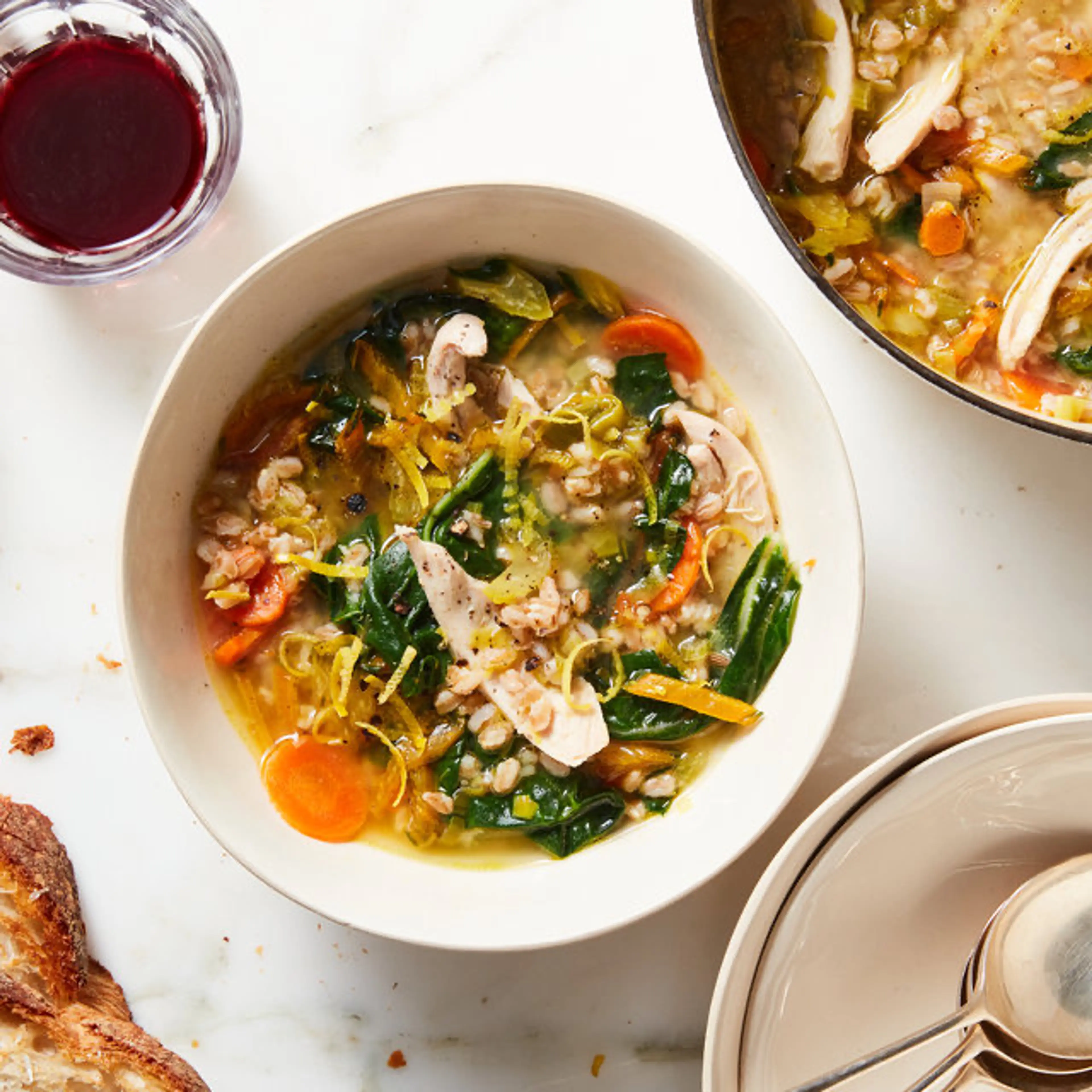Chicken Soup With Toasted Farro and Greens