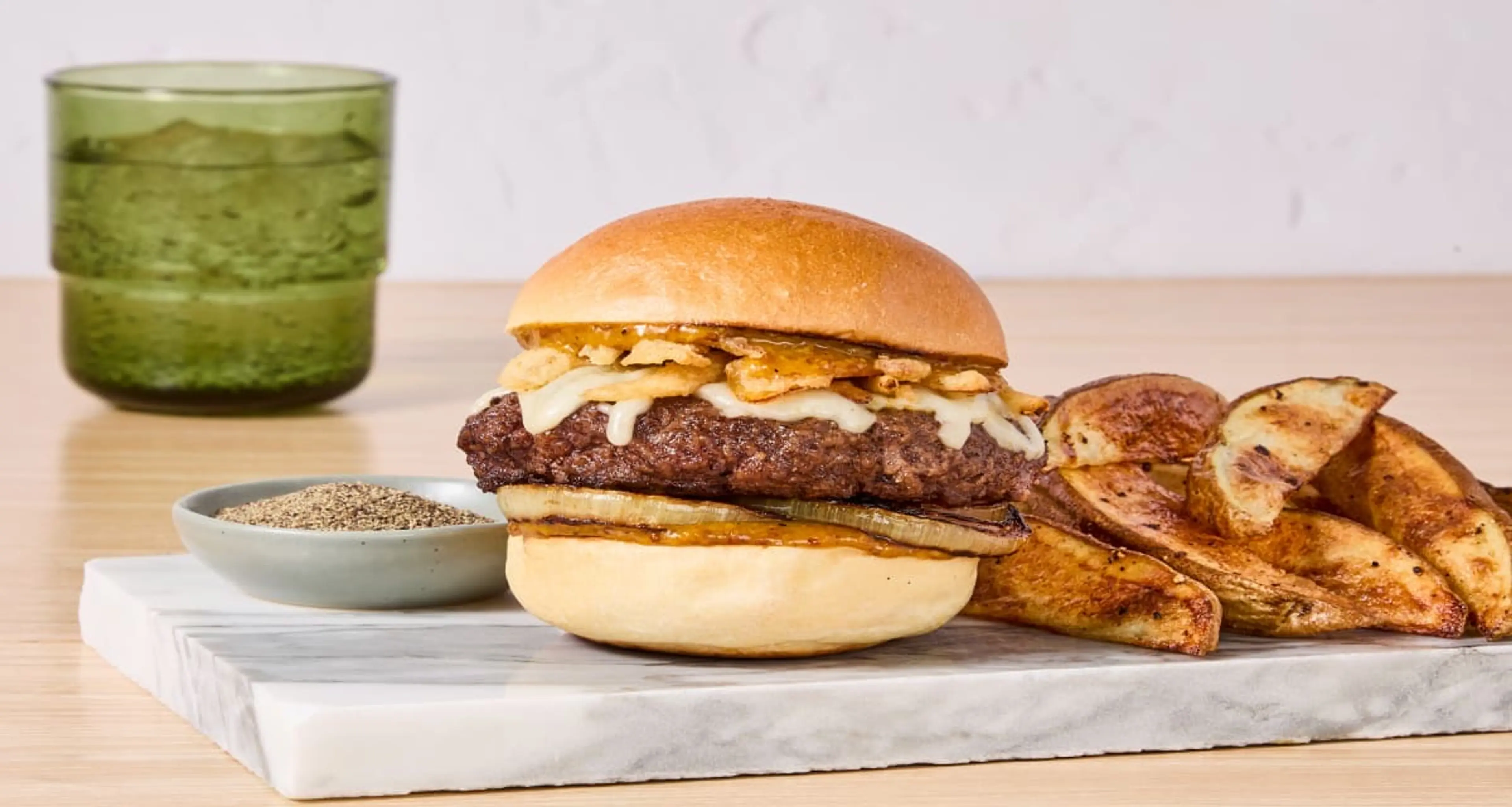 White Cheddar Crunch Burgers with Griddled Onions, Roasted P