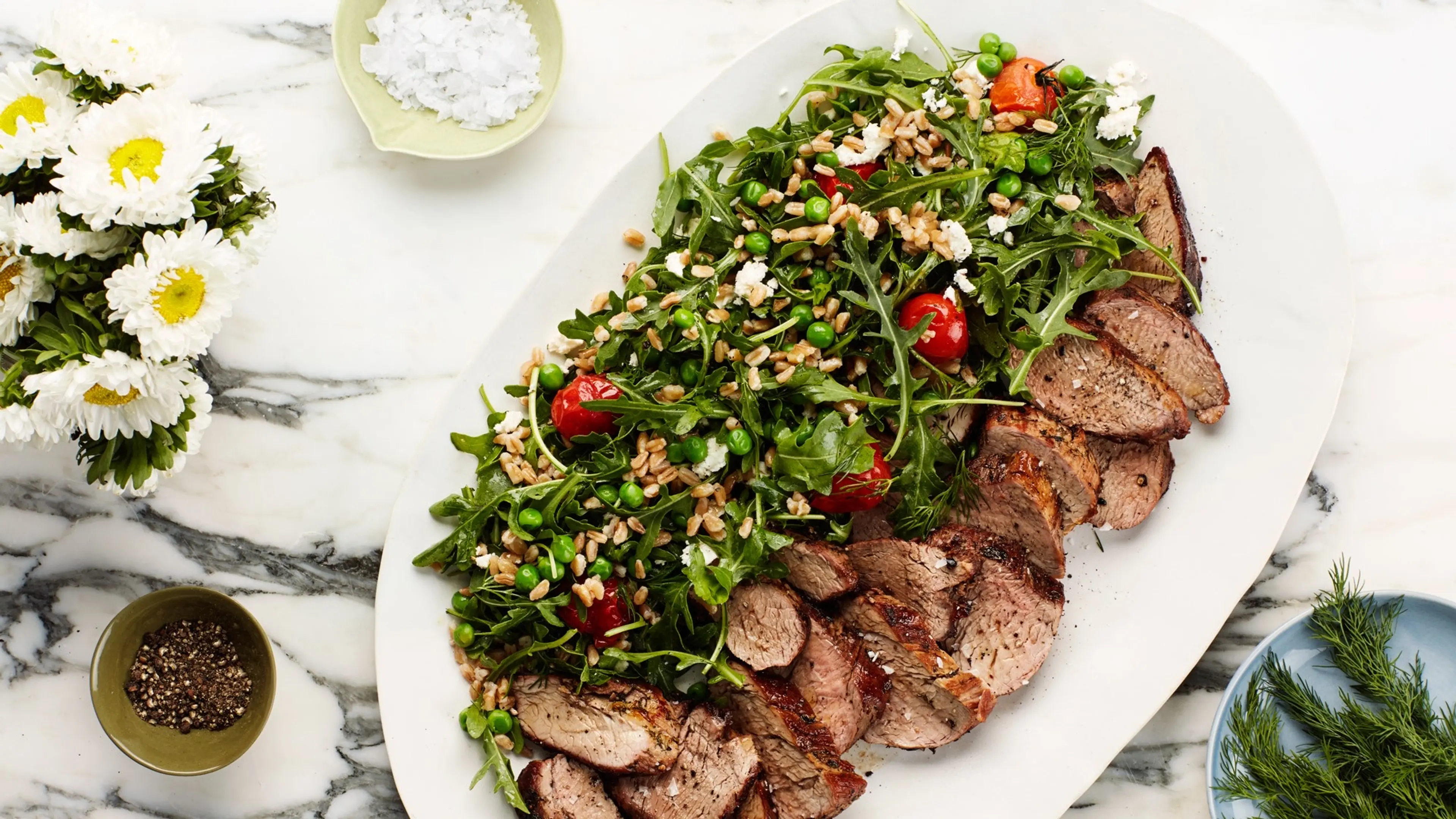 Dill-Crusted Pork Tenderloin with Farro, Pea, and Blistered