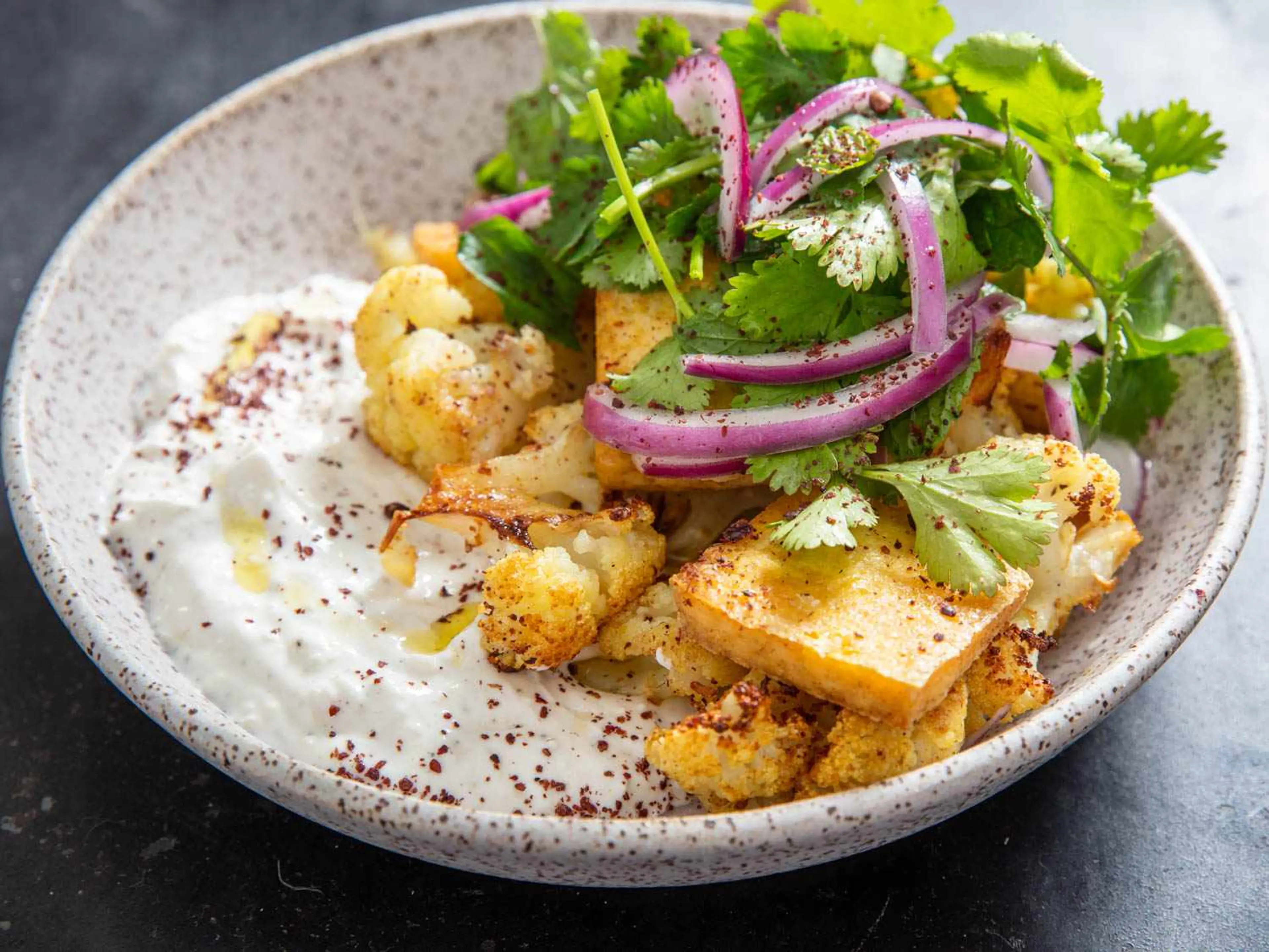 Sheet-Pan Spiced Cauliflower and Tofu With Ginger Yogurt Rec