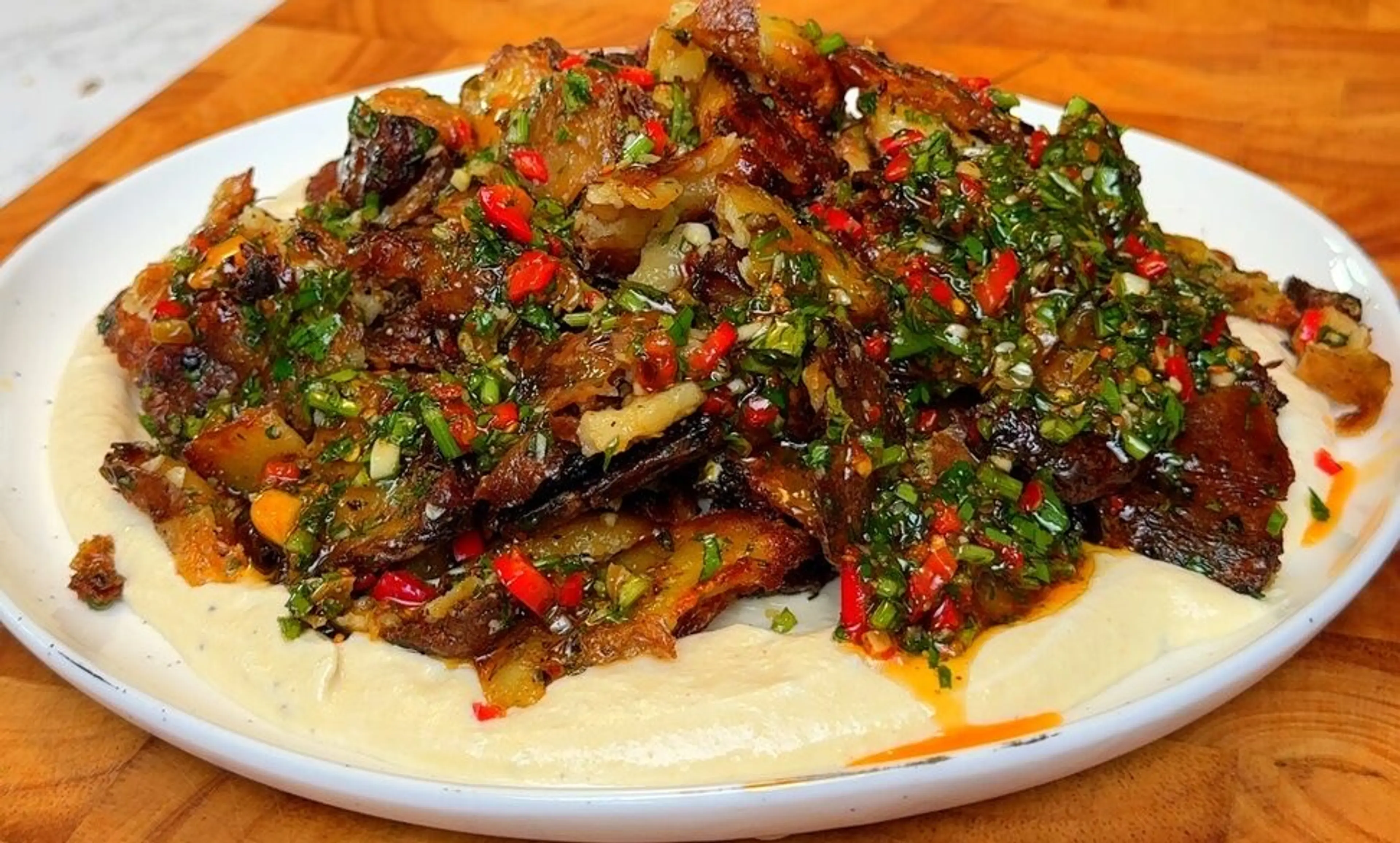 Crispy Smashed Chimichurri Potatoes with Creamy Chickpea Dip