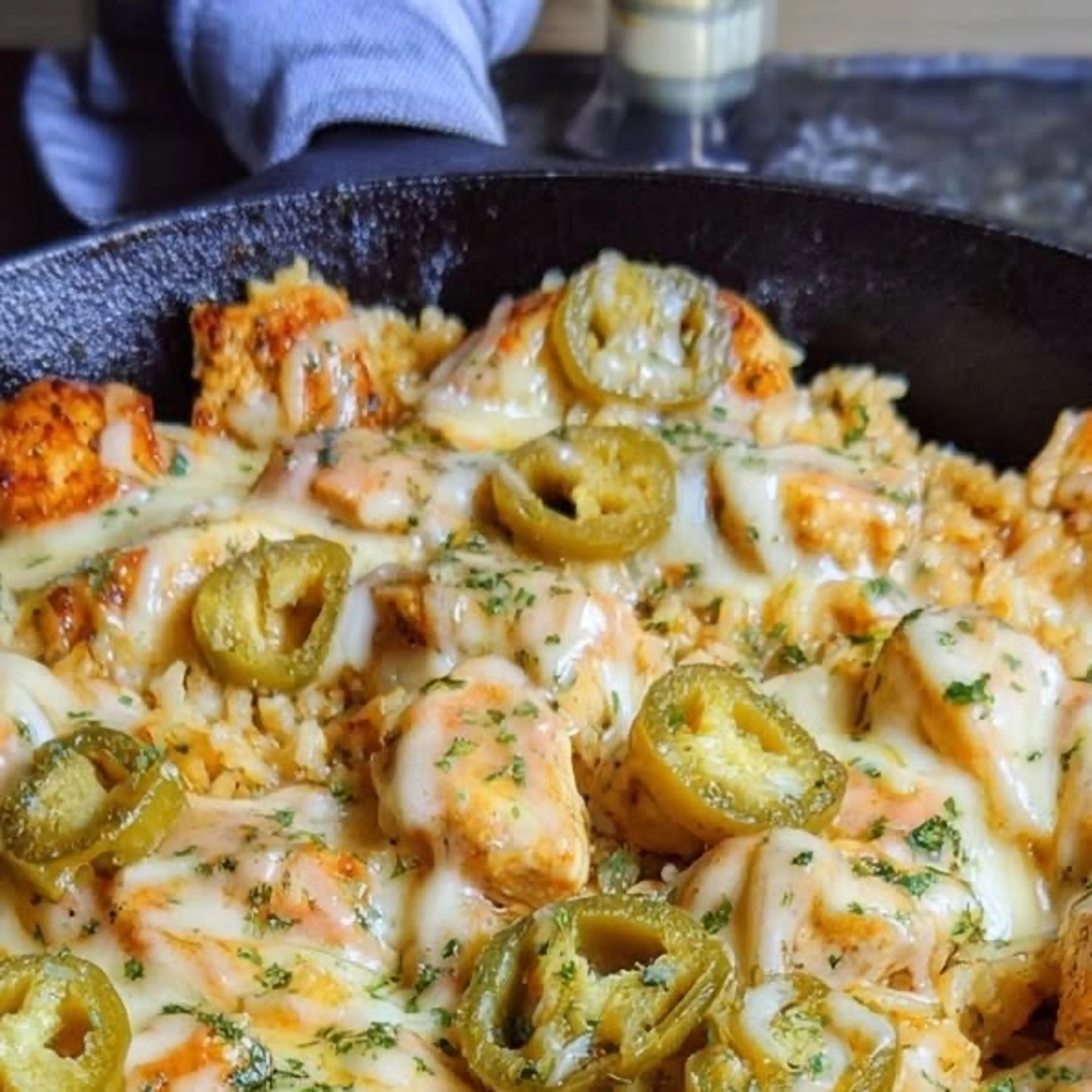 Cheesy Jalapeño Chicken & Rice Skillet with Creamy Melted Ch