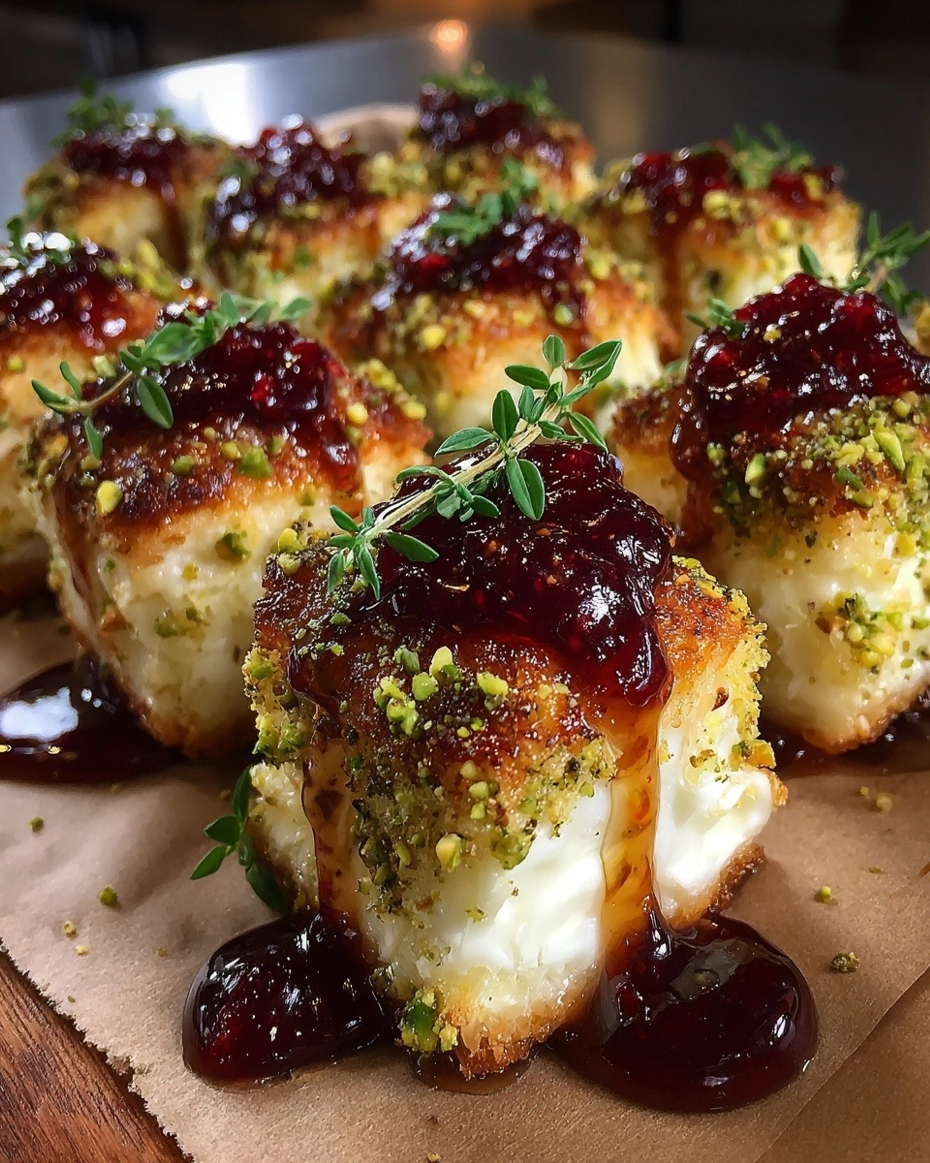 Pistachio-crusted Brie Bites with Raspberry Honey Glaze