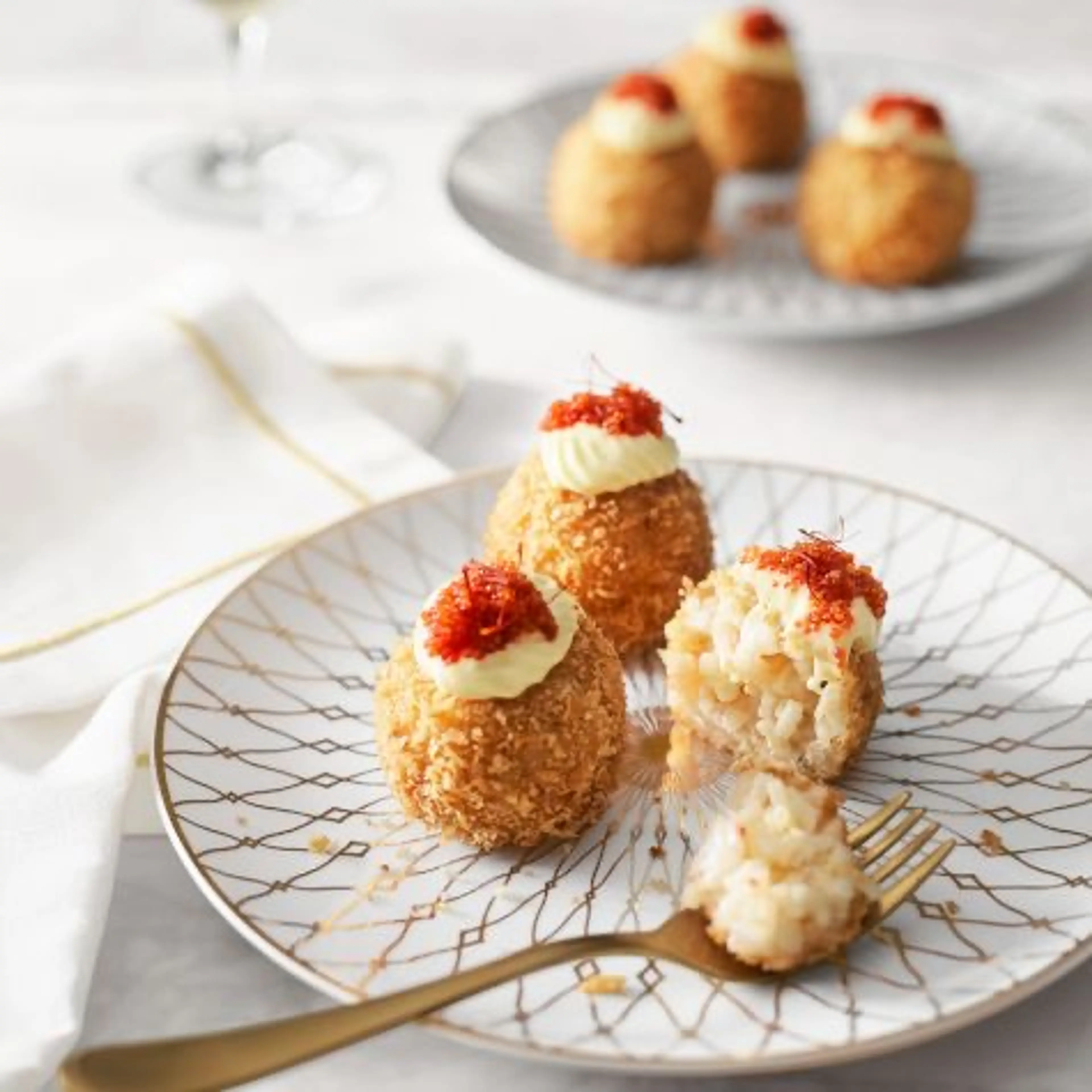 Shrimp Arancini with Lemon Aioli and Saffron Infused Caviar