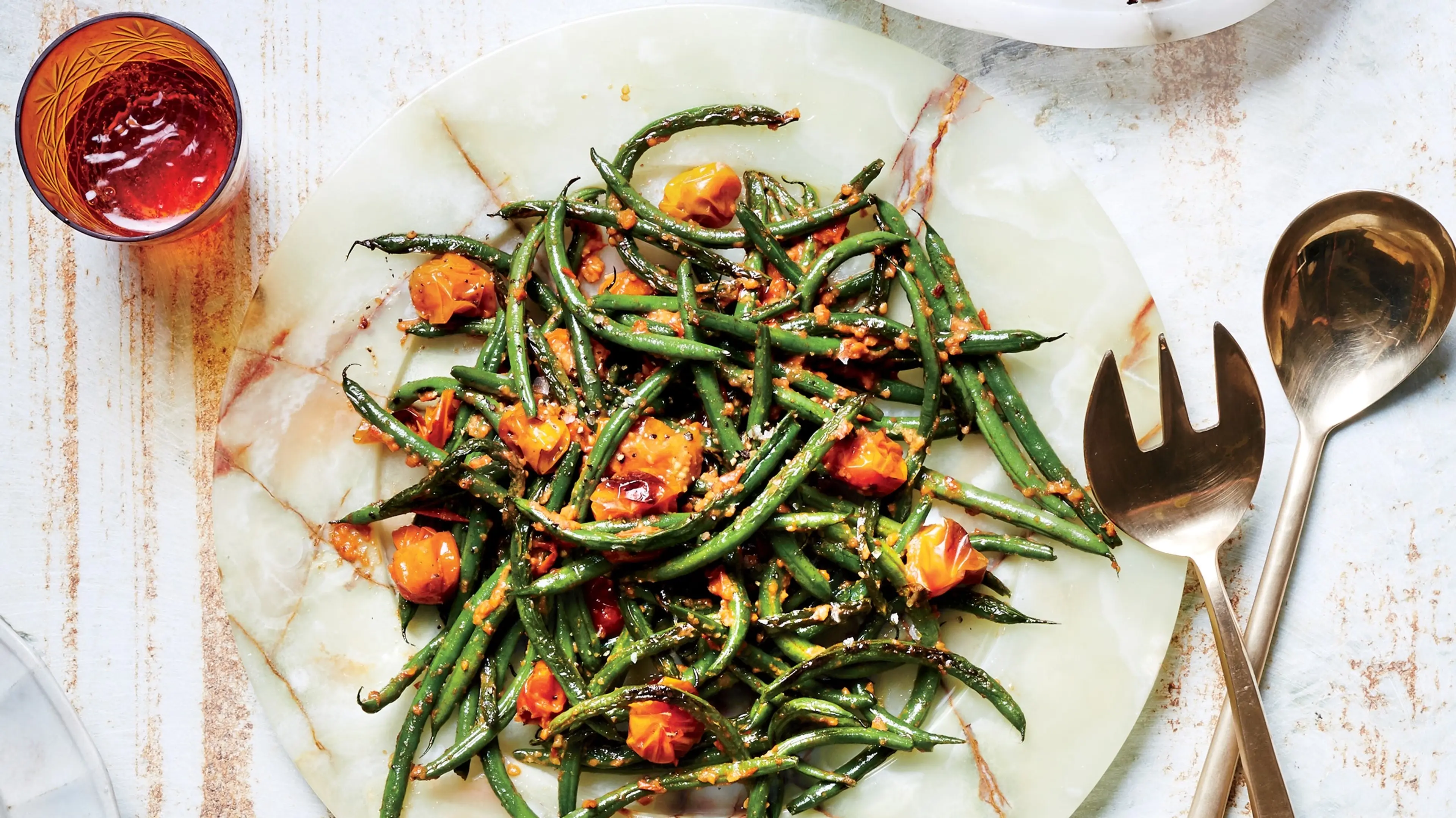 Blistered Green Beans With Tomato-Almond Pesto