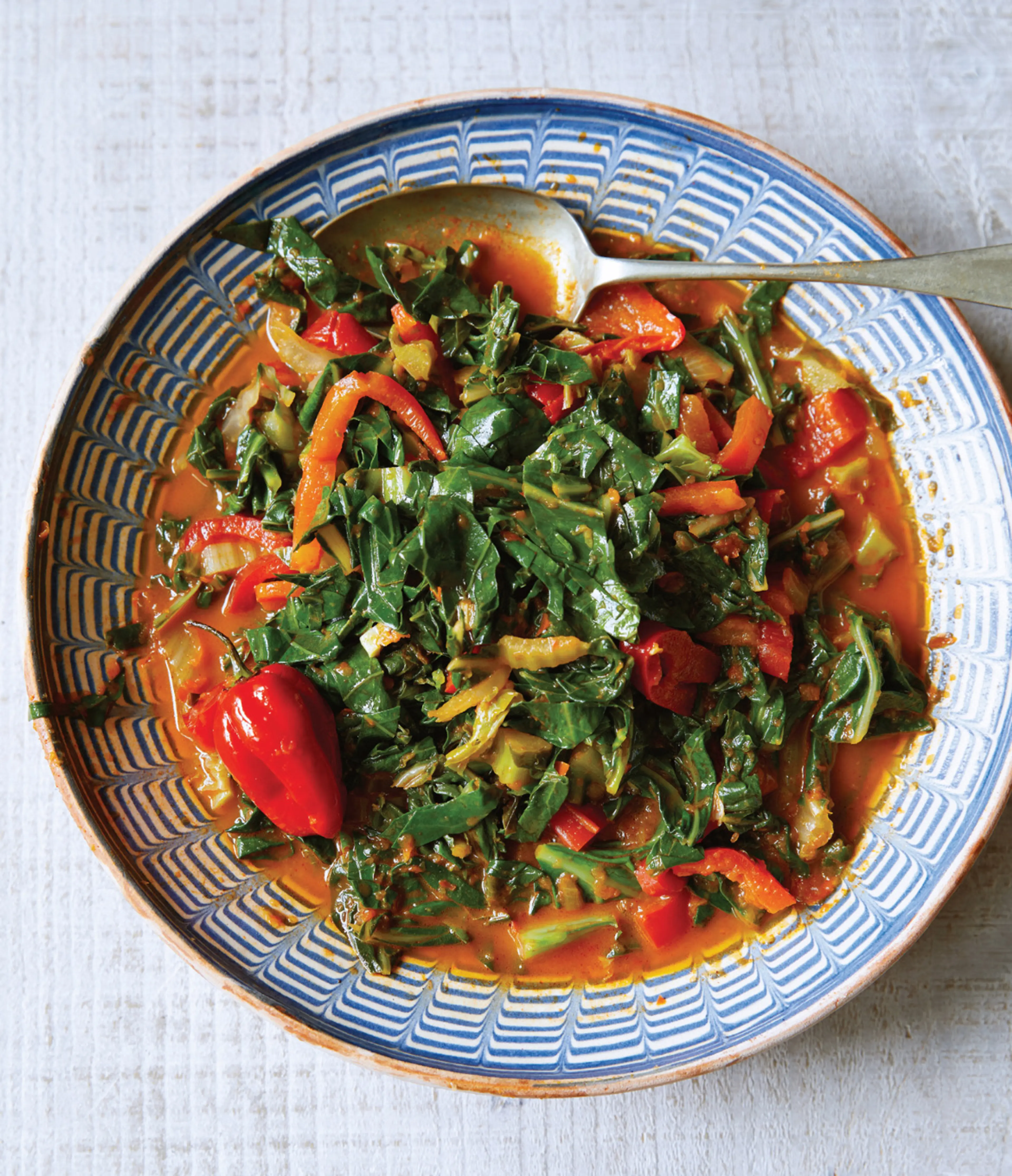 Braised Greens with Sweet Red Peppers