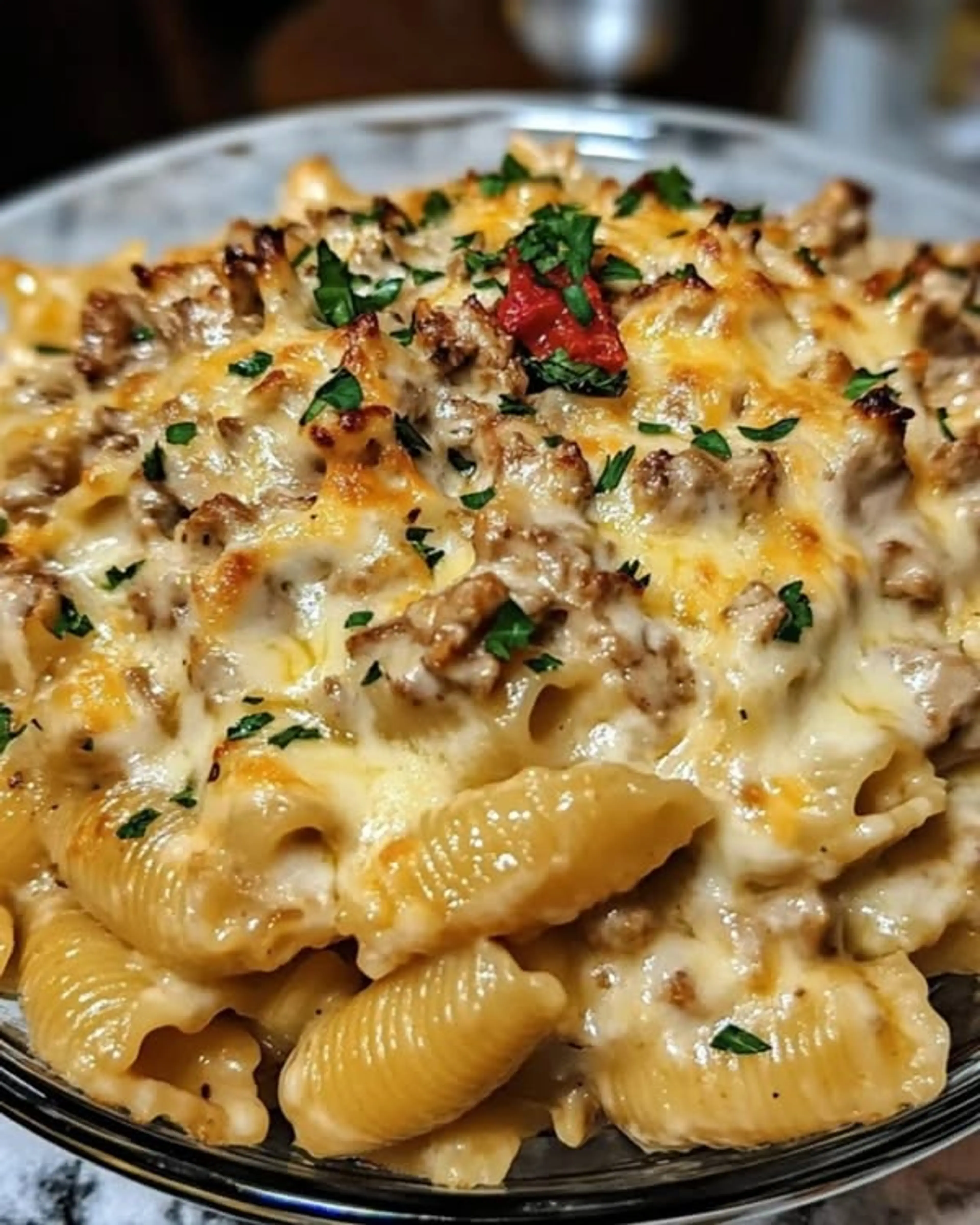 Creamy Chicken Shells with Onion Parmesan Cream