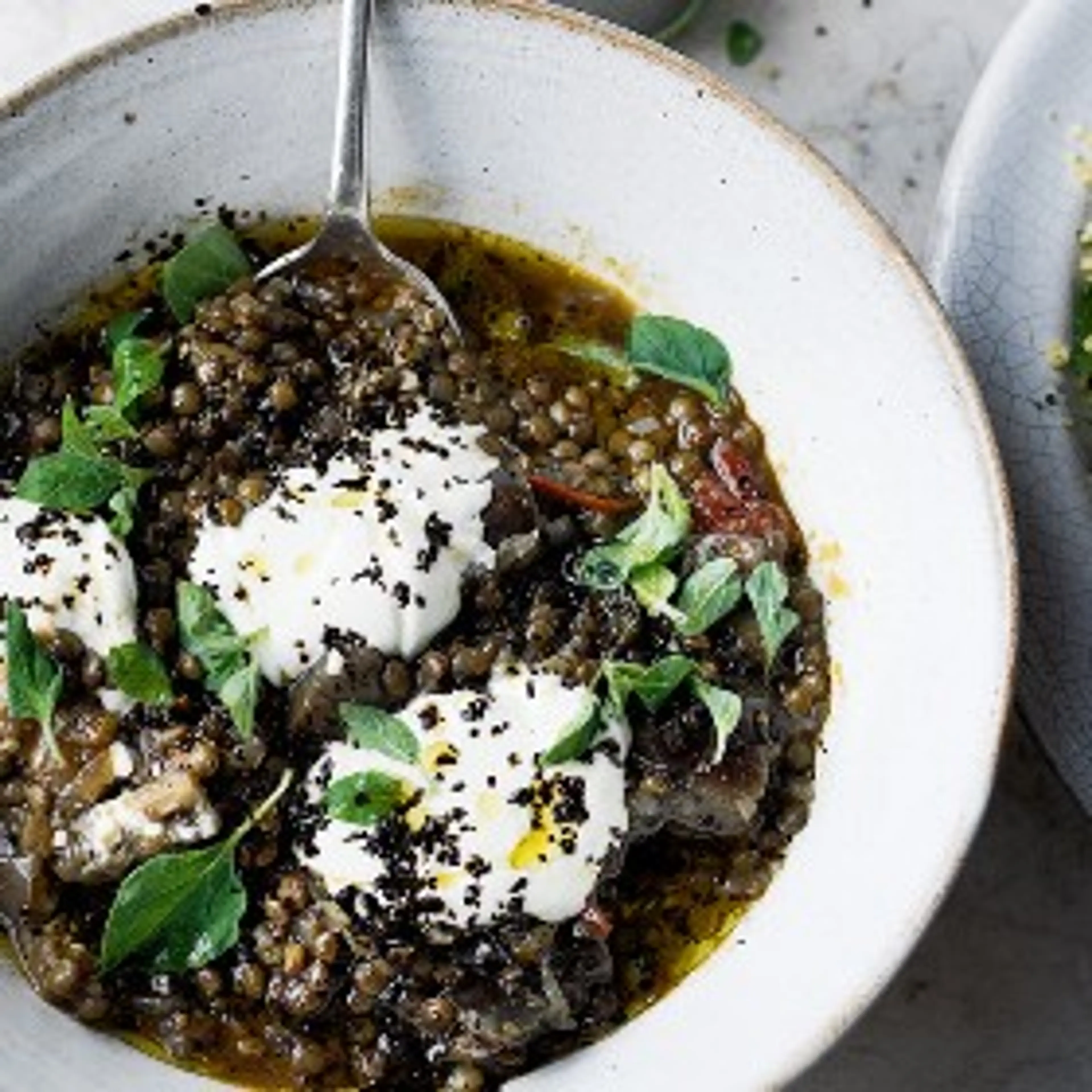 Crushed Puy Lentils with Tahini and Cumin