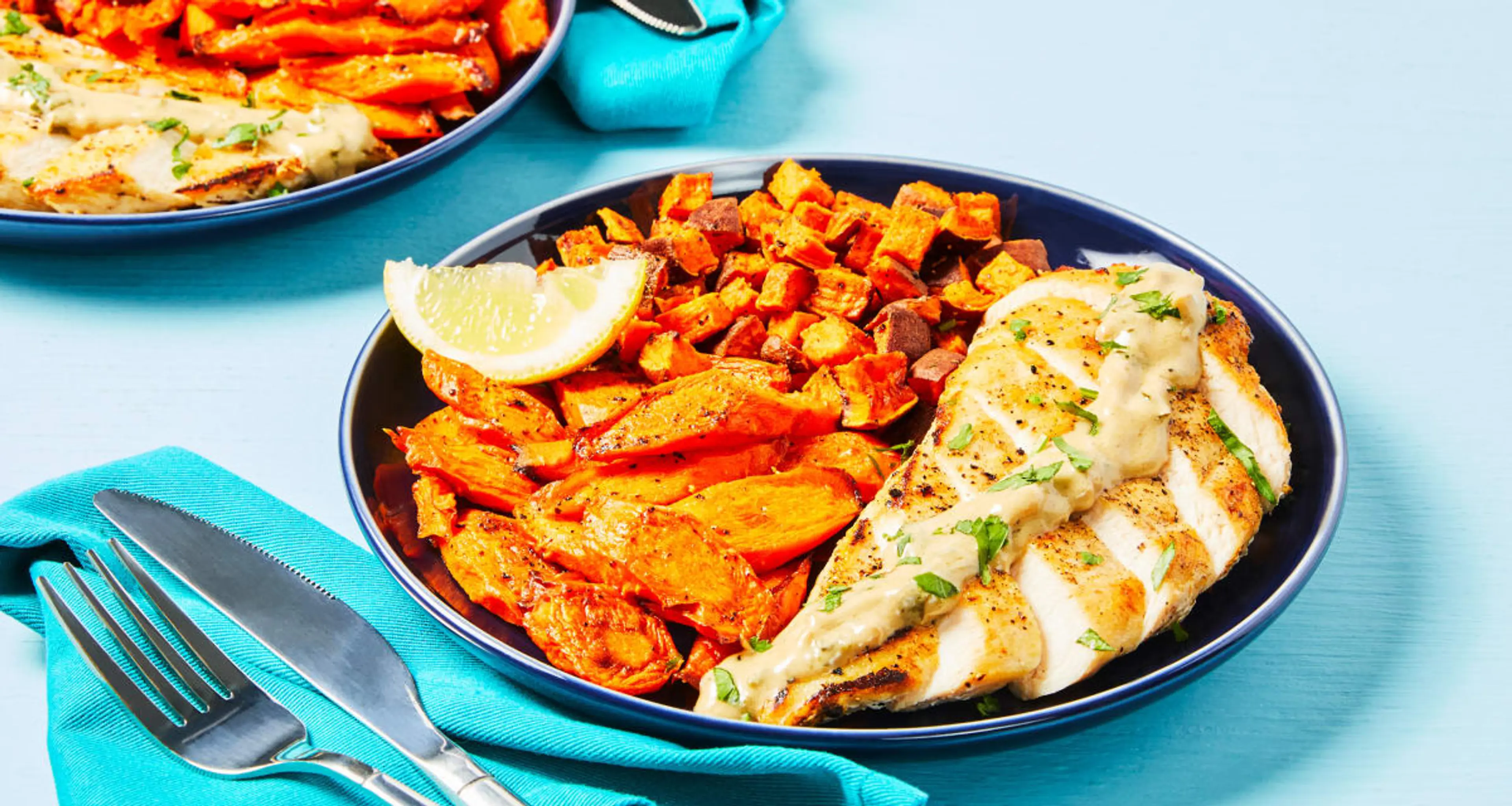 Creamy Lemon Herb Chicken with Roasted Sweet Potatoes & Aspa
