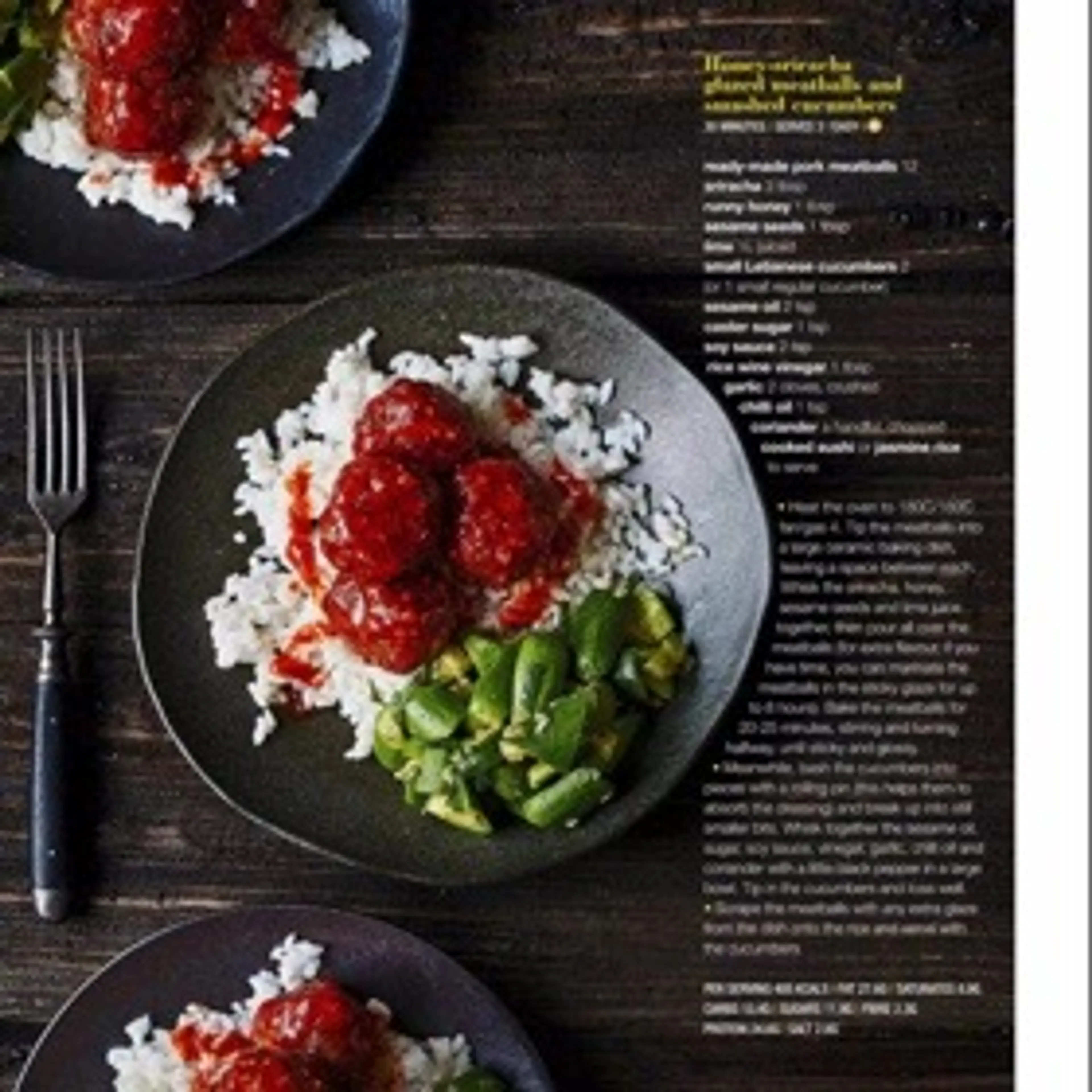 Honey-sriracha glazed meatballs and smashed cucumbers