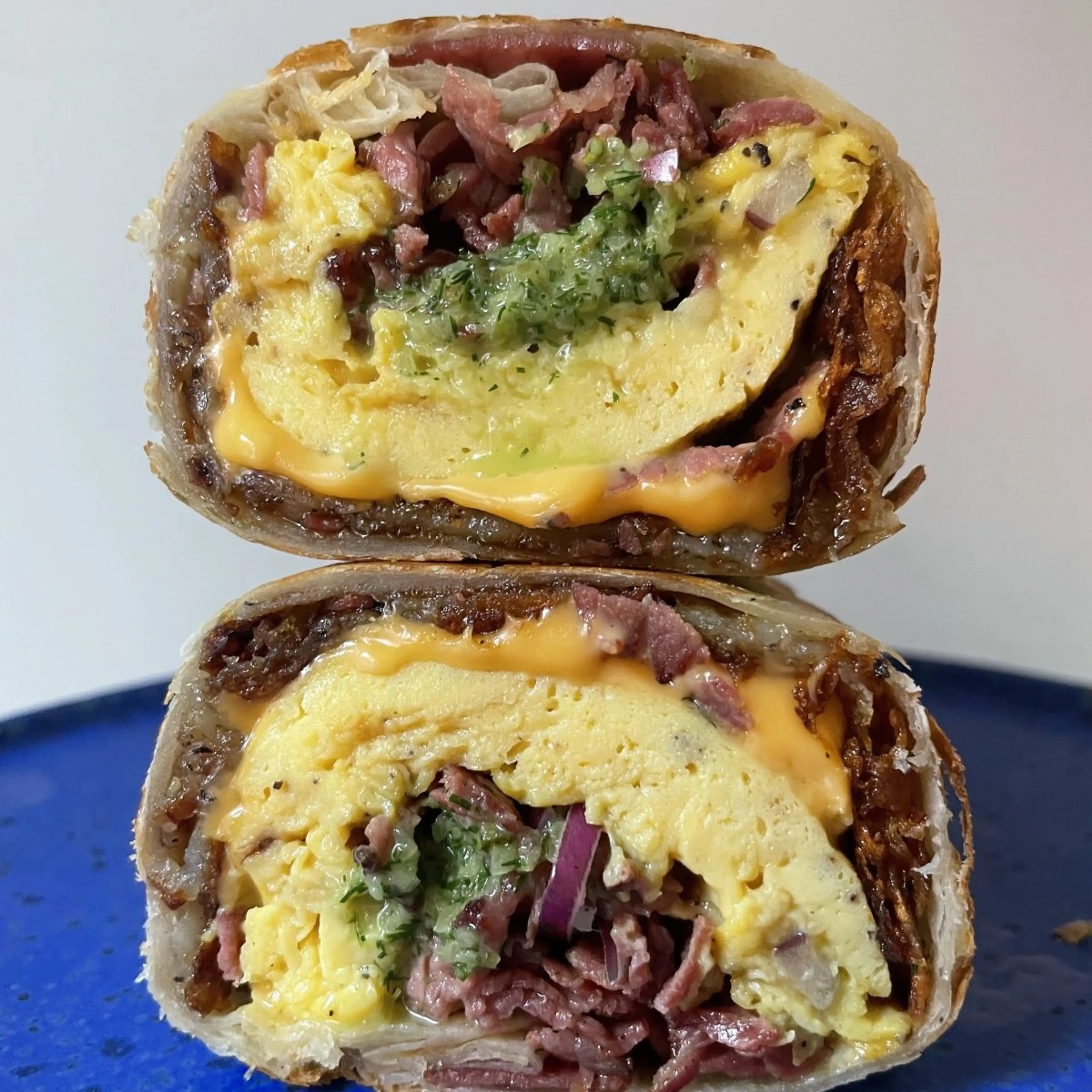 Pastrami Egg and Cheese Burrito with Dill Pickle Salsa