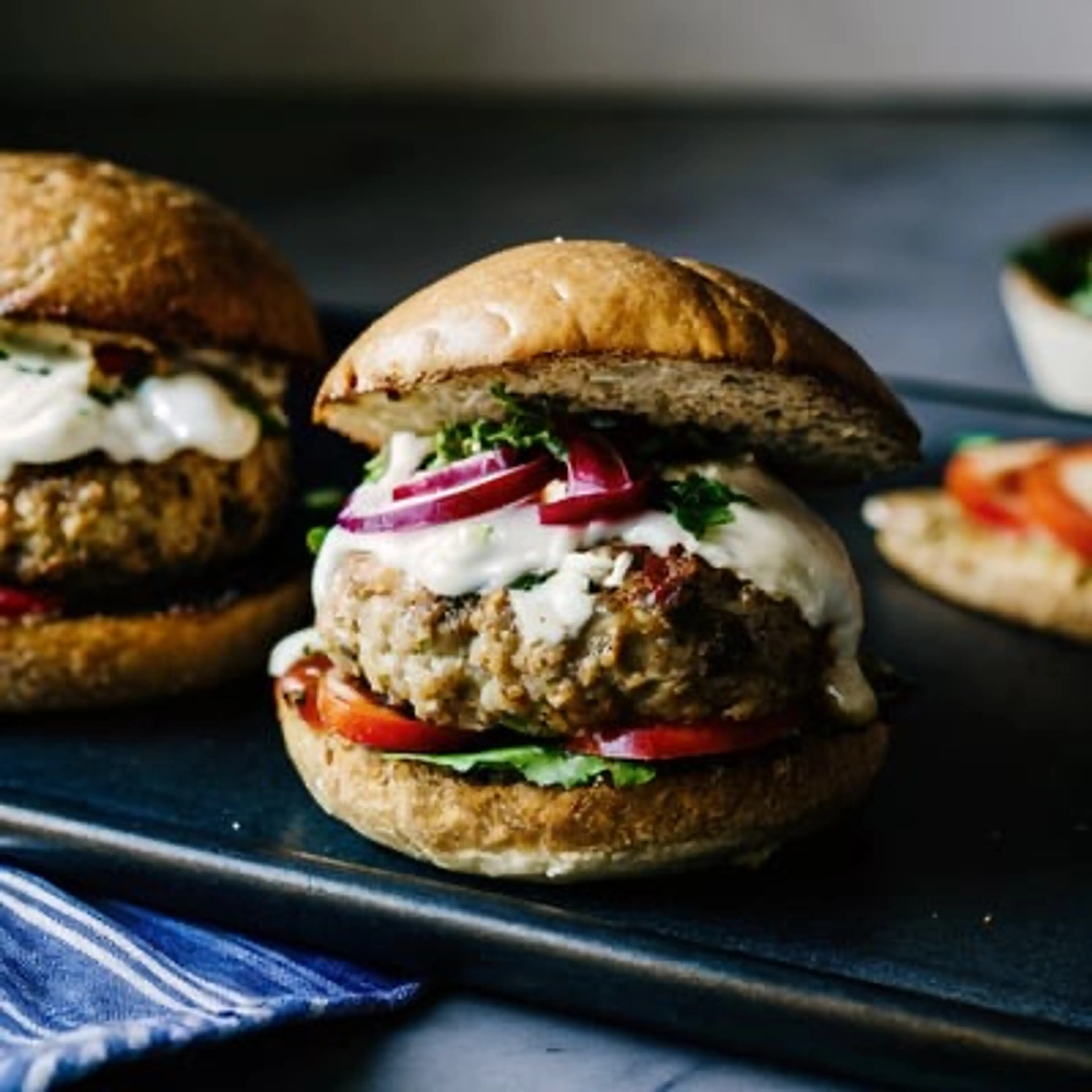 Moroccan-Spiced Chicken Burgers with Creamy Feta Sauce