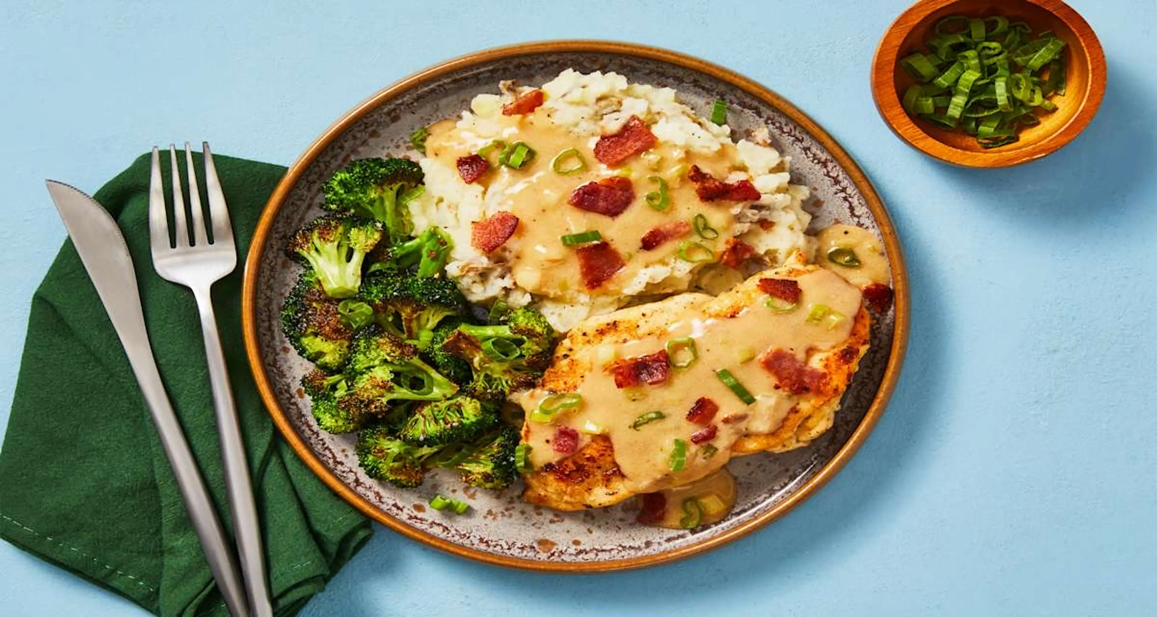 Smothered Chicken With Bacon Gravy plus Mashed Potatoes & Br
