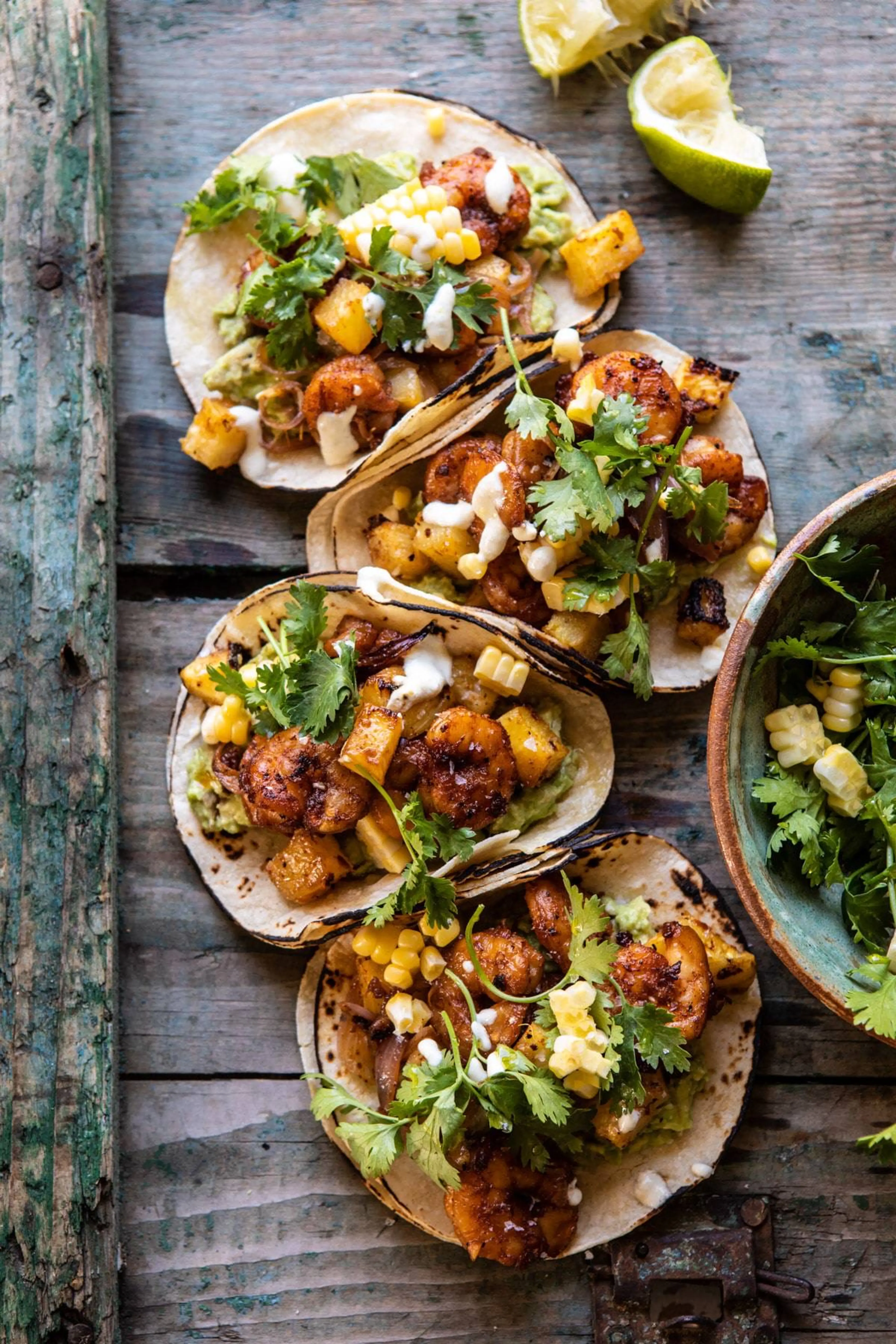 Sheet Pan Hawaiian Pineapple Shrimp Tacos with Creamy Jalape
