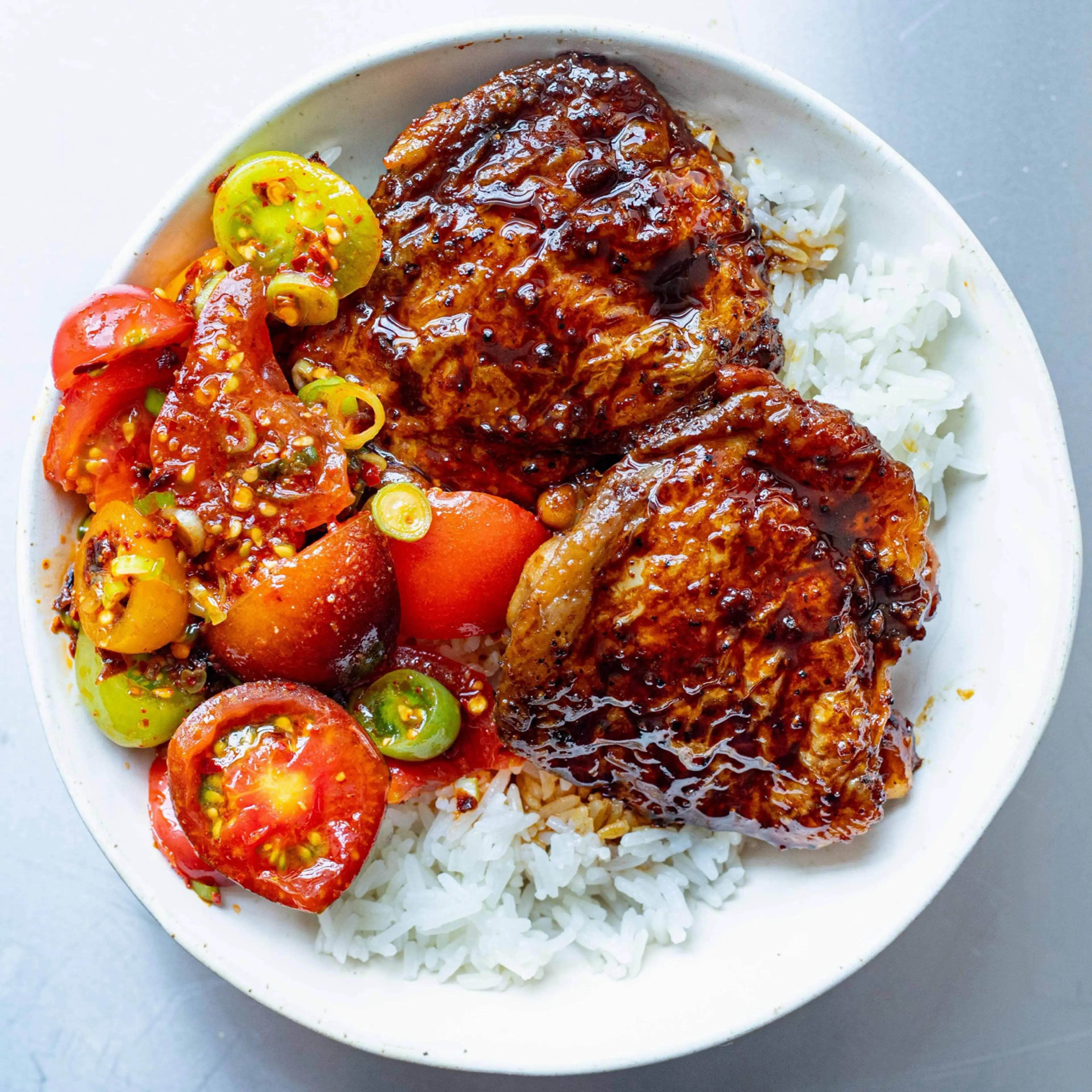 Sticky Soy Chicken & Chilli Crisp Tomatoes