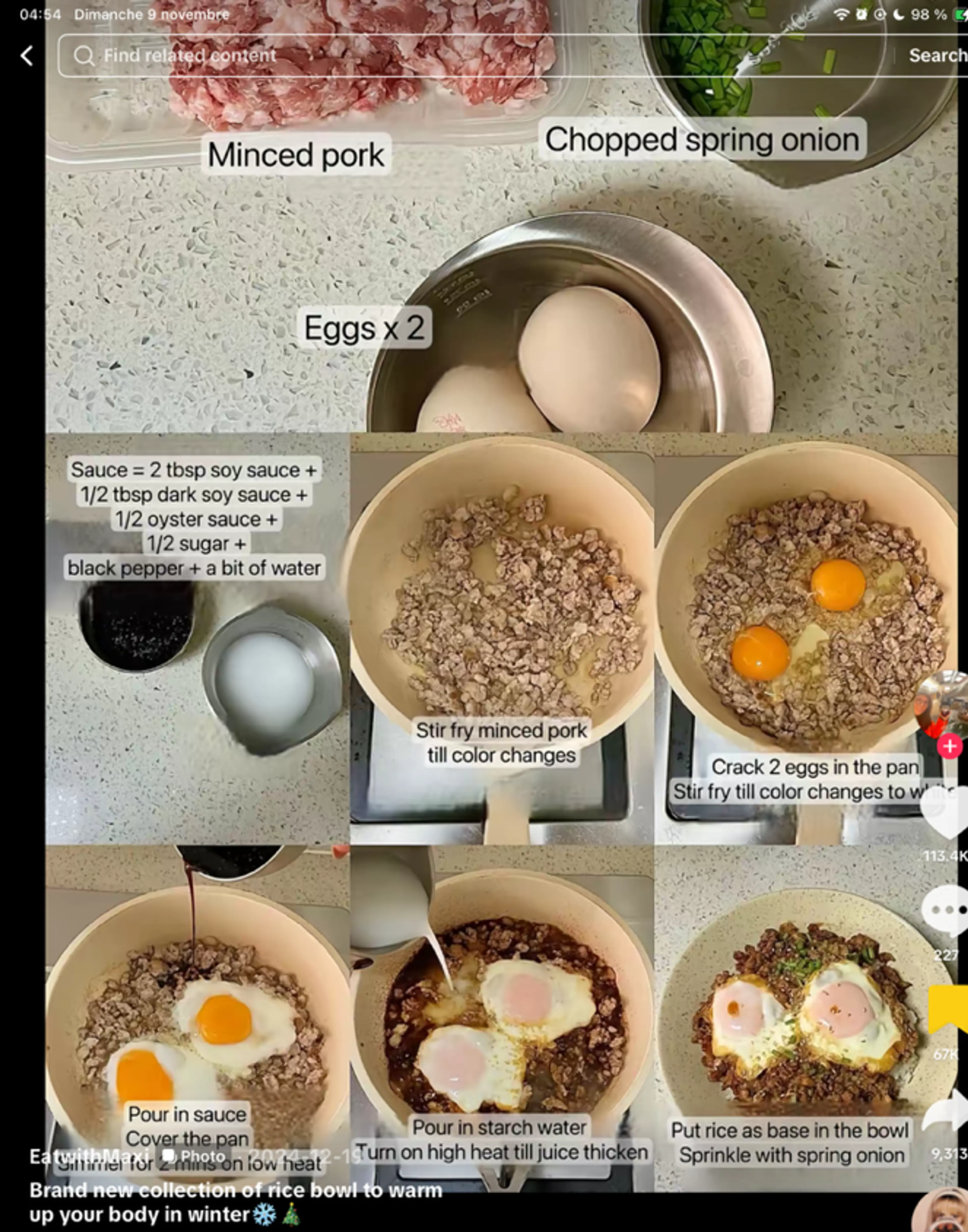 Pork mince with poached egg rice bowl