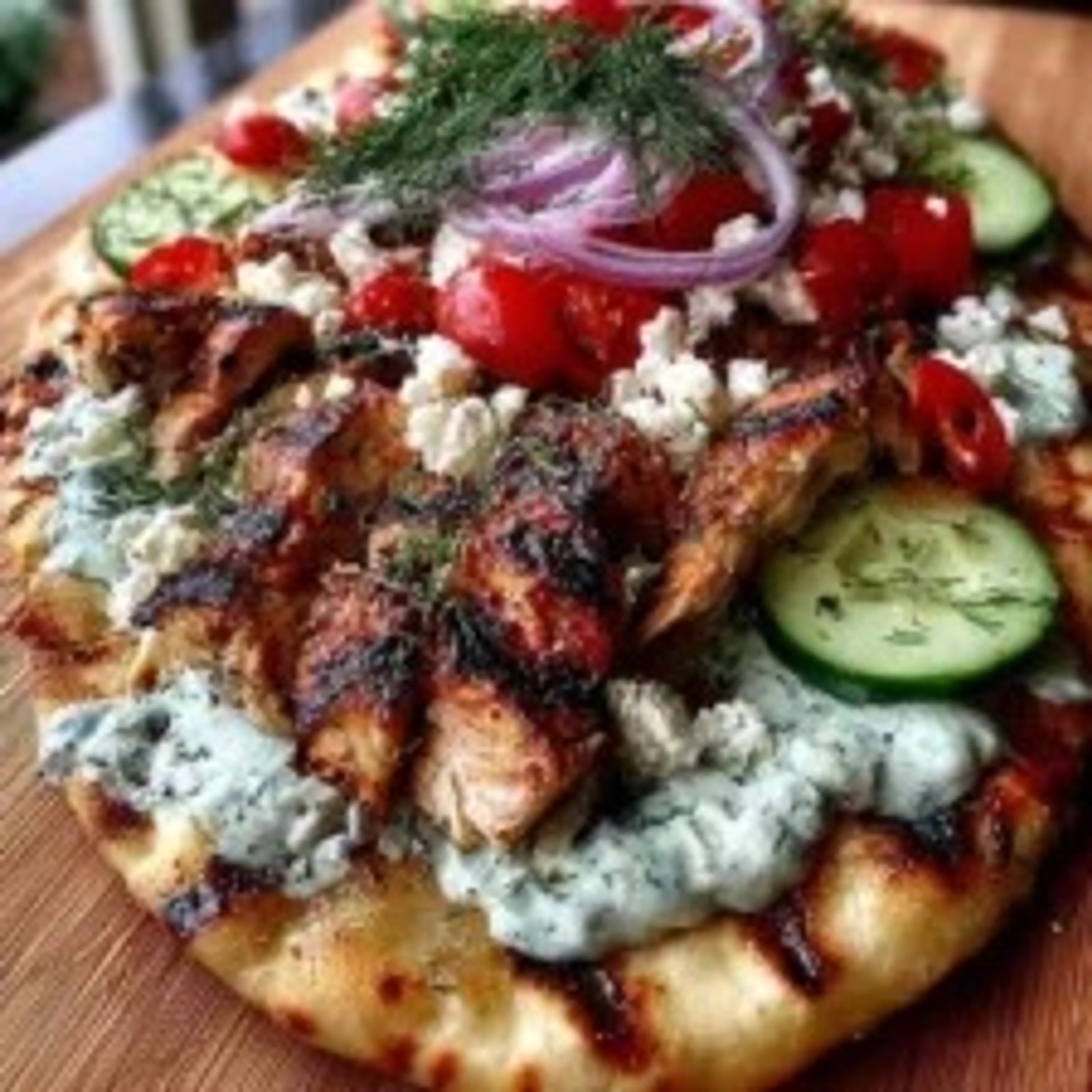 Creamy Greek Chicken Flatbread with Tzatziki, Cucumbers, Tom