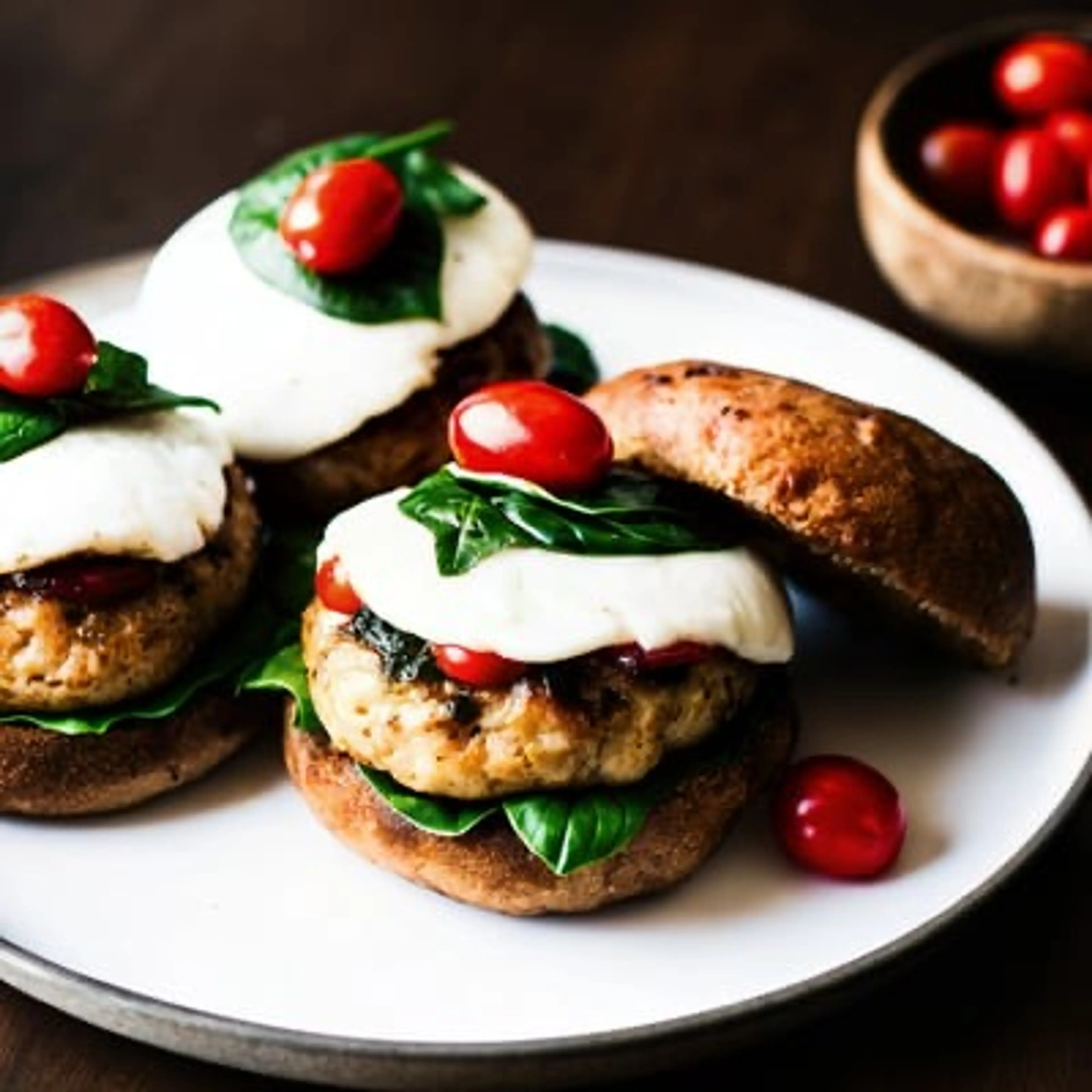 Healthy Chicken Burgers with Spinach Basil Pesto & Mozzarell