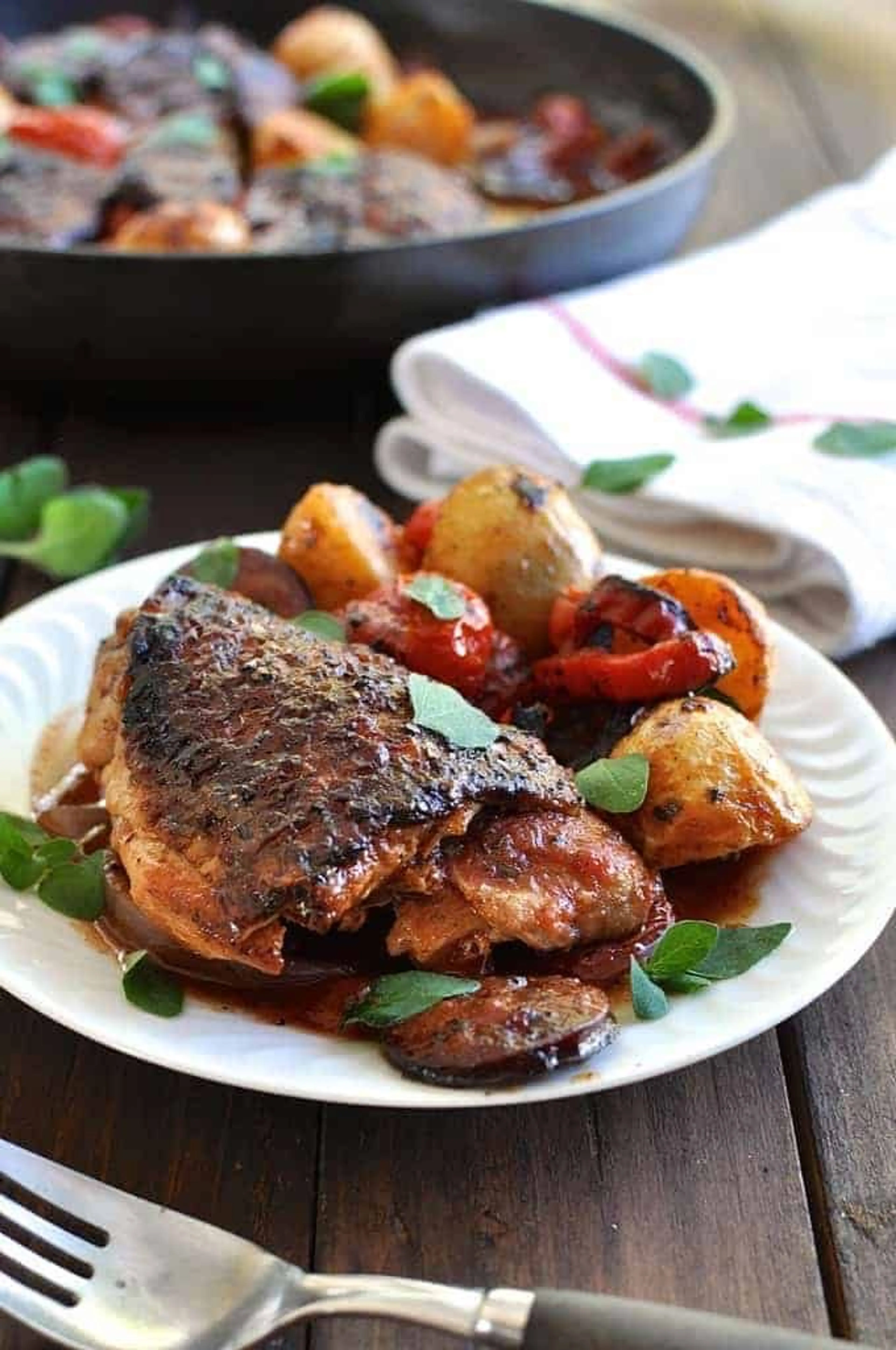 One Pan Spanish Chicken with Chorizo, Tomato and Potatoes