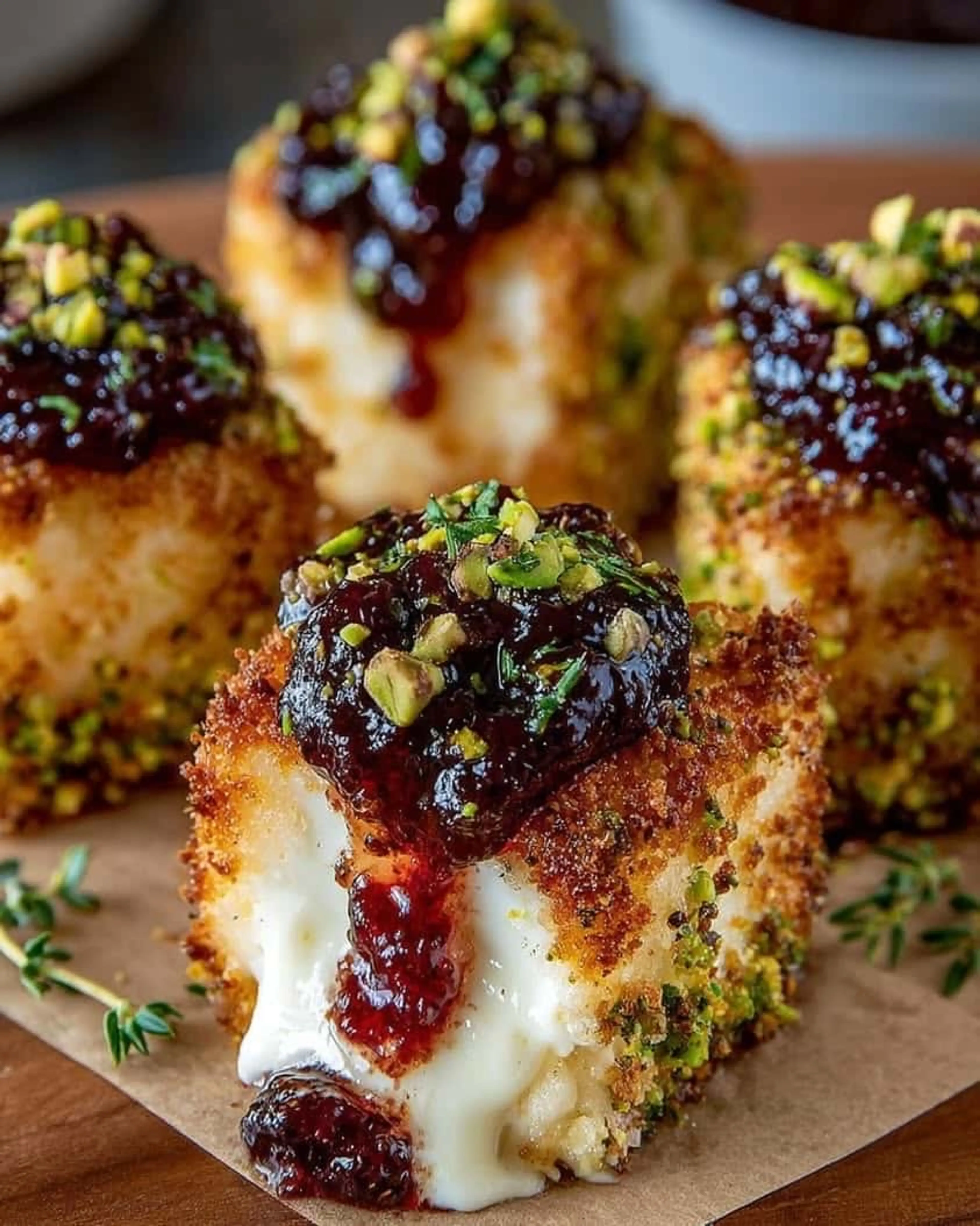 Pistachio Crusted Brie Bites with Cranberry Honey Glaze