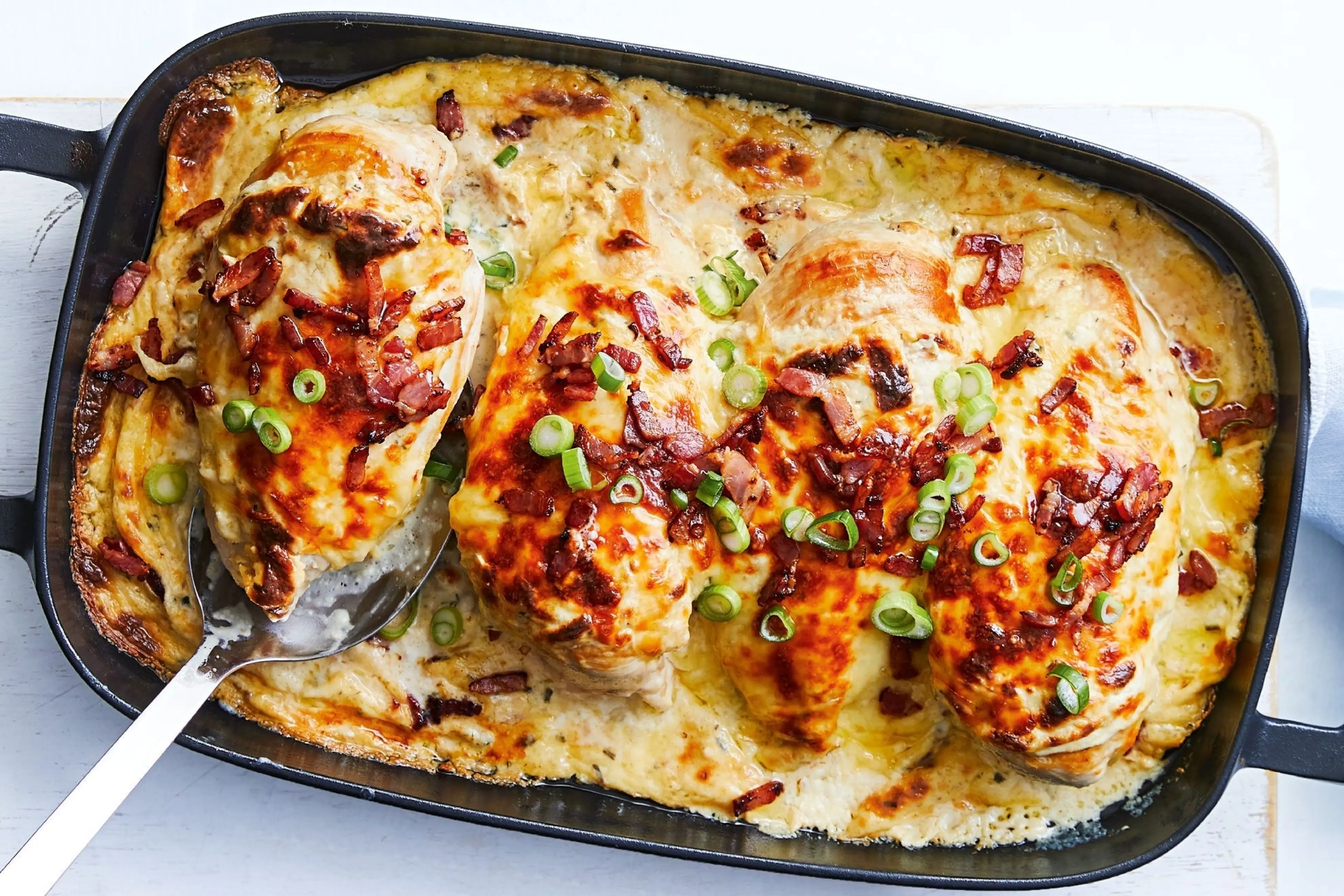 Cheesy chicken tray bake with bacon recipe