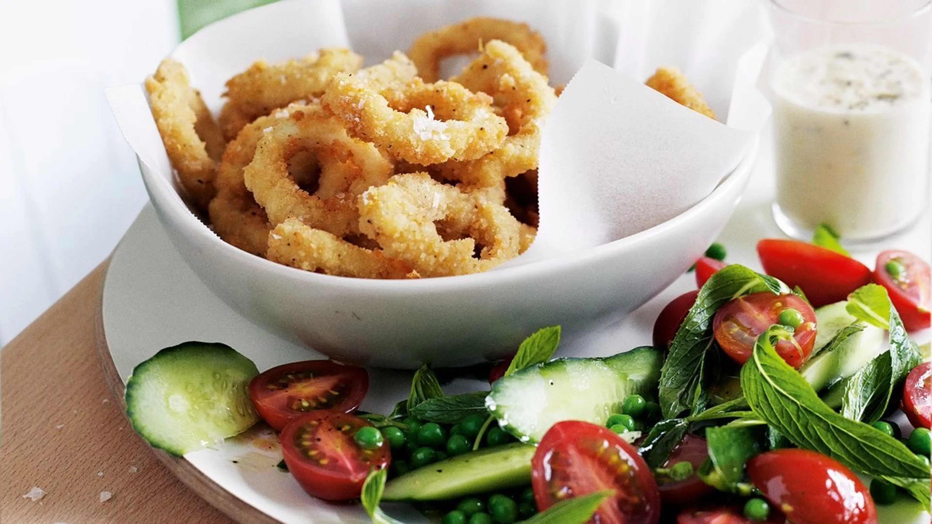Calamari with lemon aioli and pea & mint salad