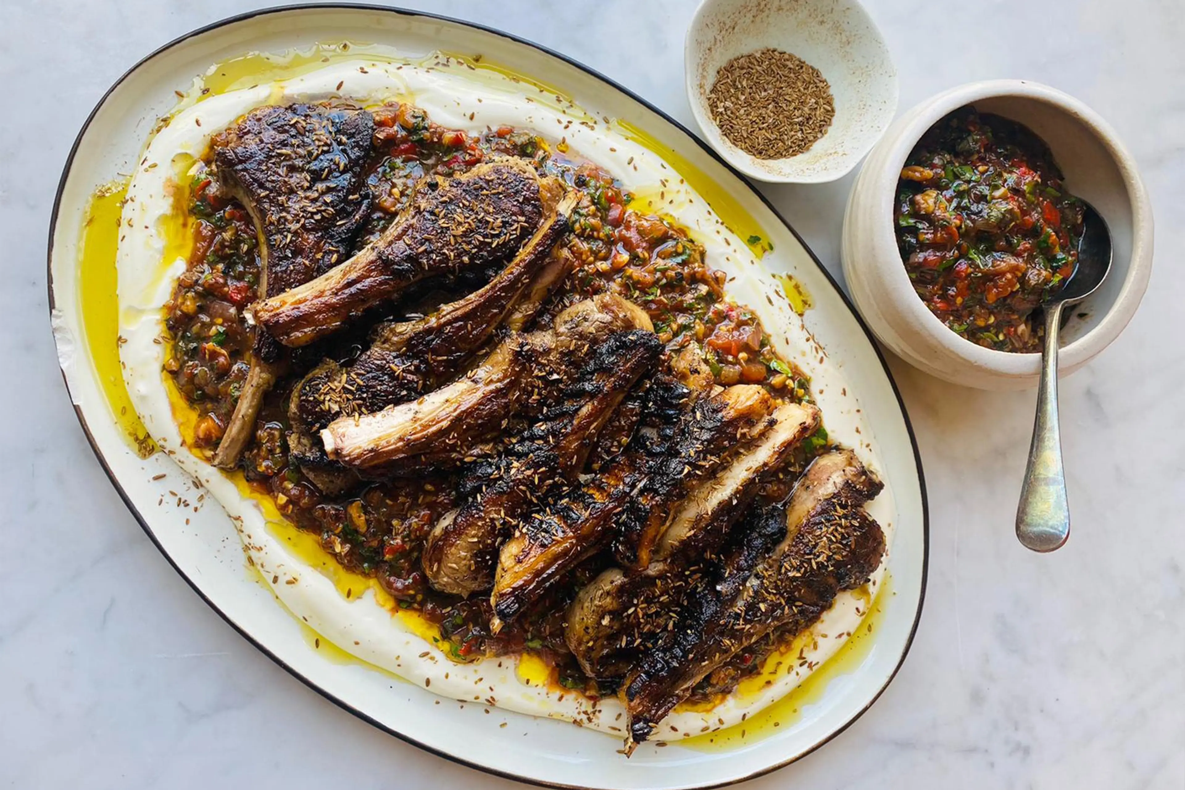 Grilled lamb chops with ezme, yoghurt and cumin salt