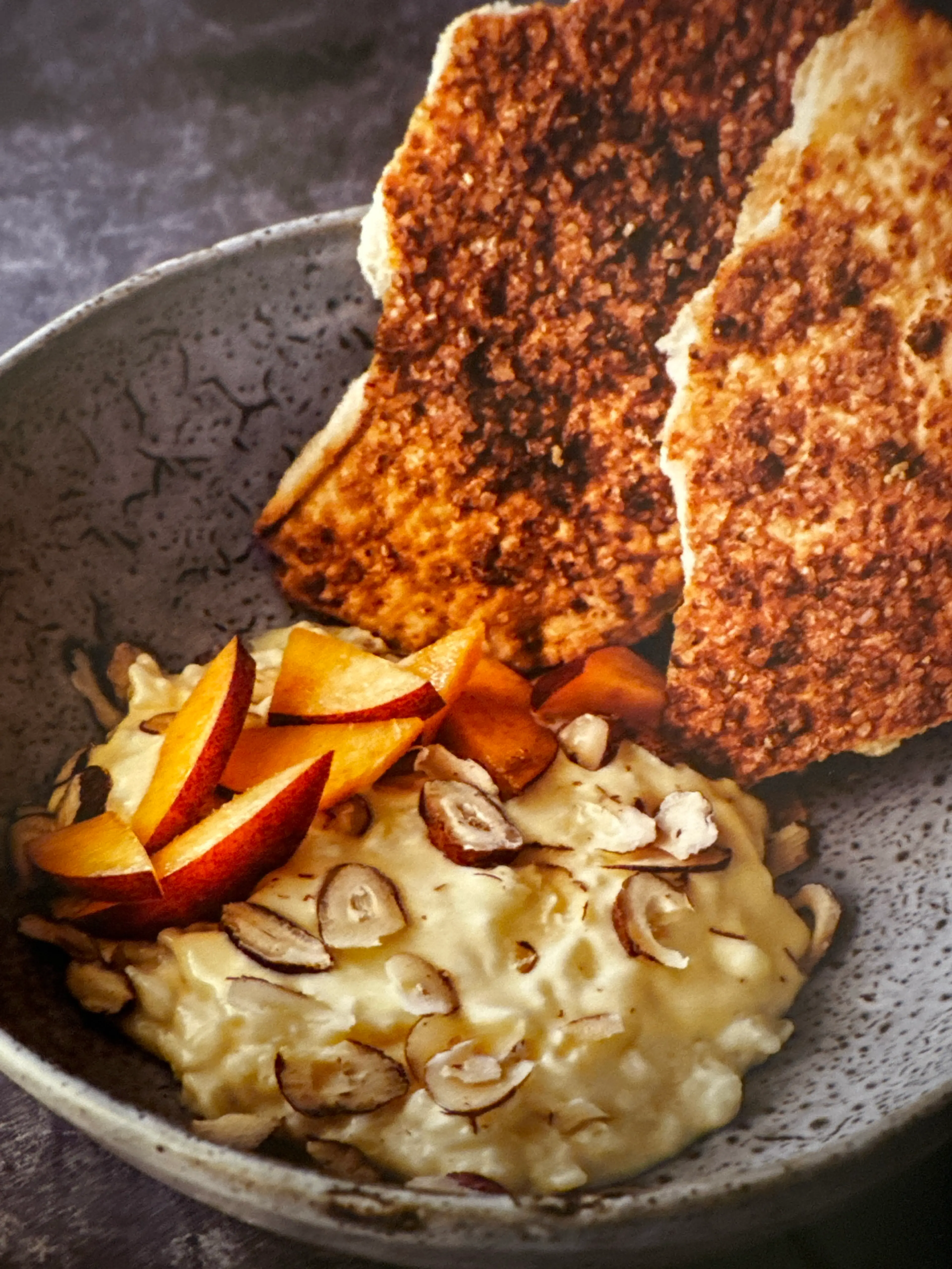 Peach Leaf Rice Pudding with Cream Cheese Pie-Crunch