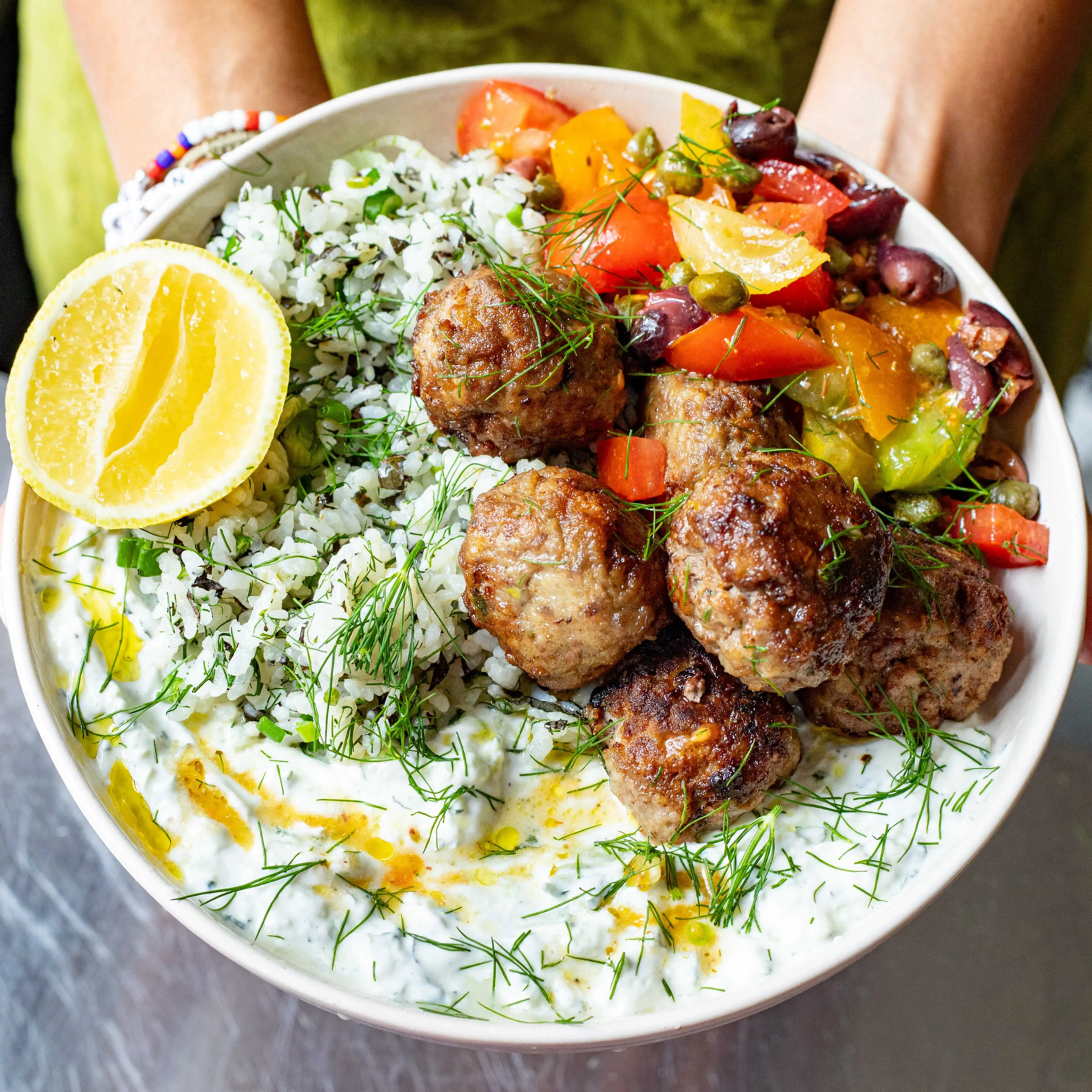Keftedes with Herbed Rice, Tzatziki & Tomato Salad