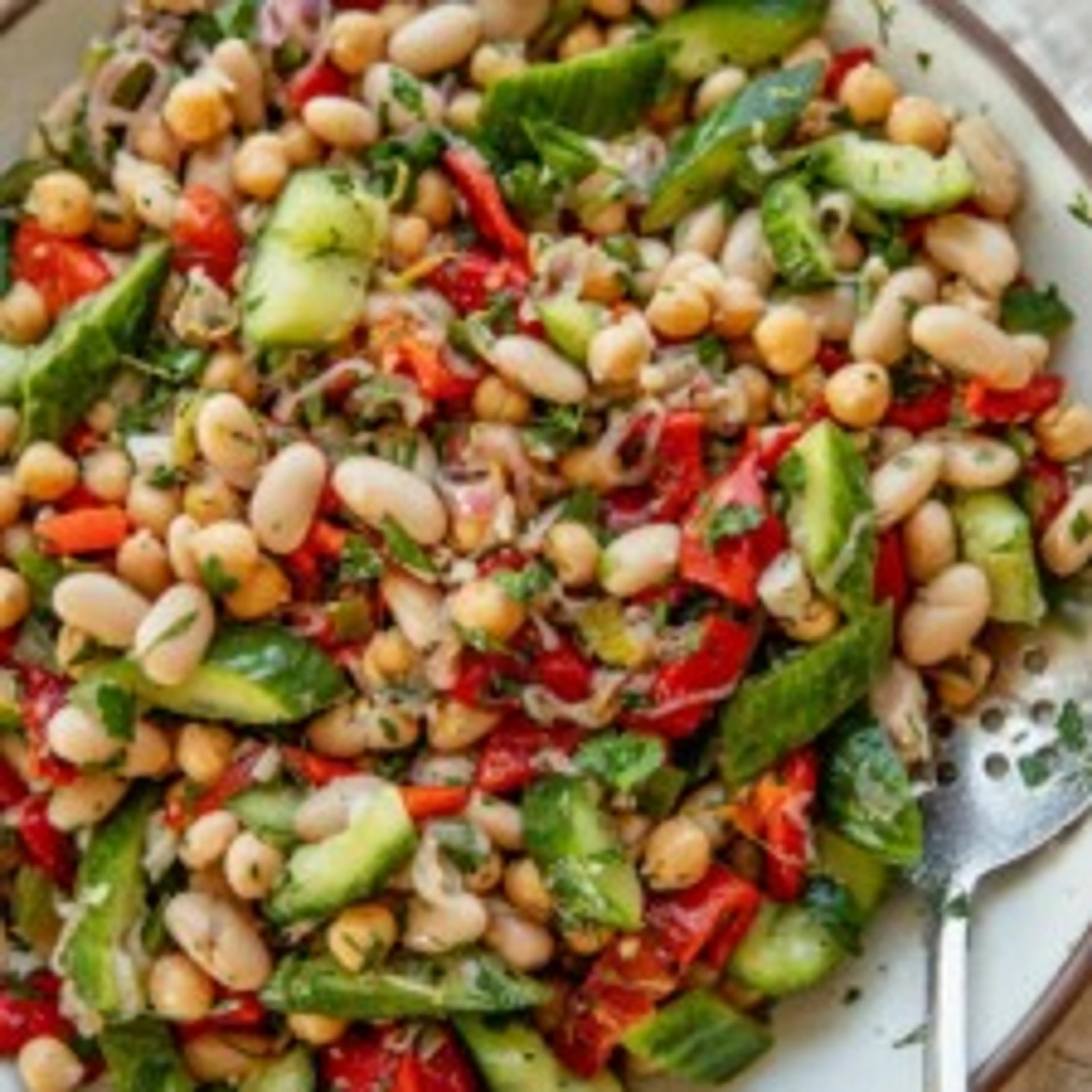 Marinated Roasted Bell Pepper Bean Salad with Fried Capers