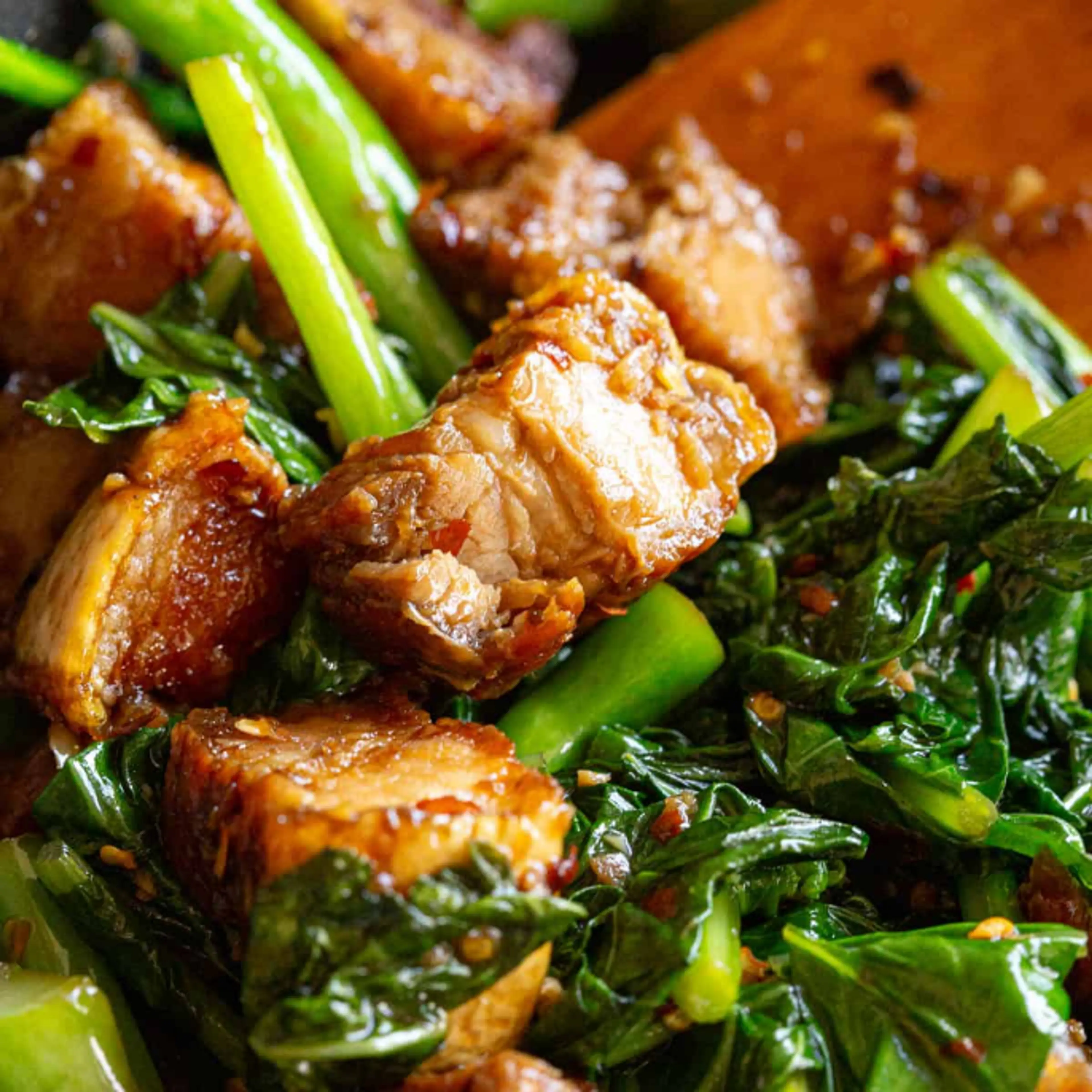 Thai Crispy Pork Stir Fry - Kana Moo Grob