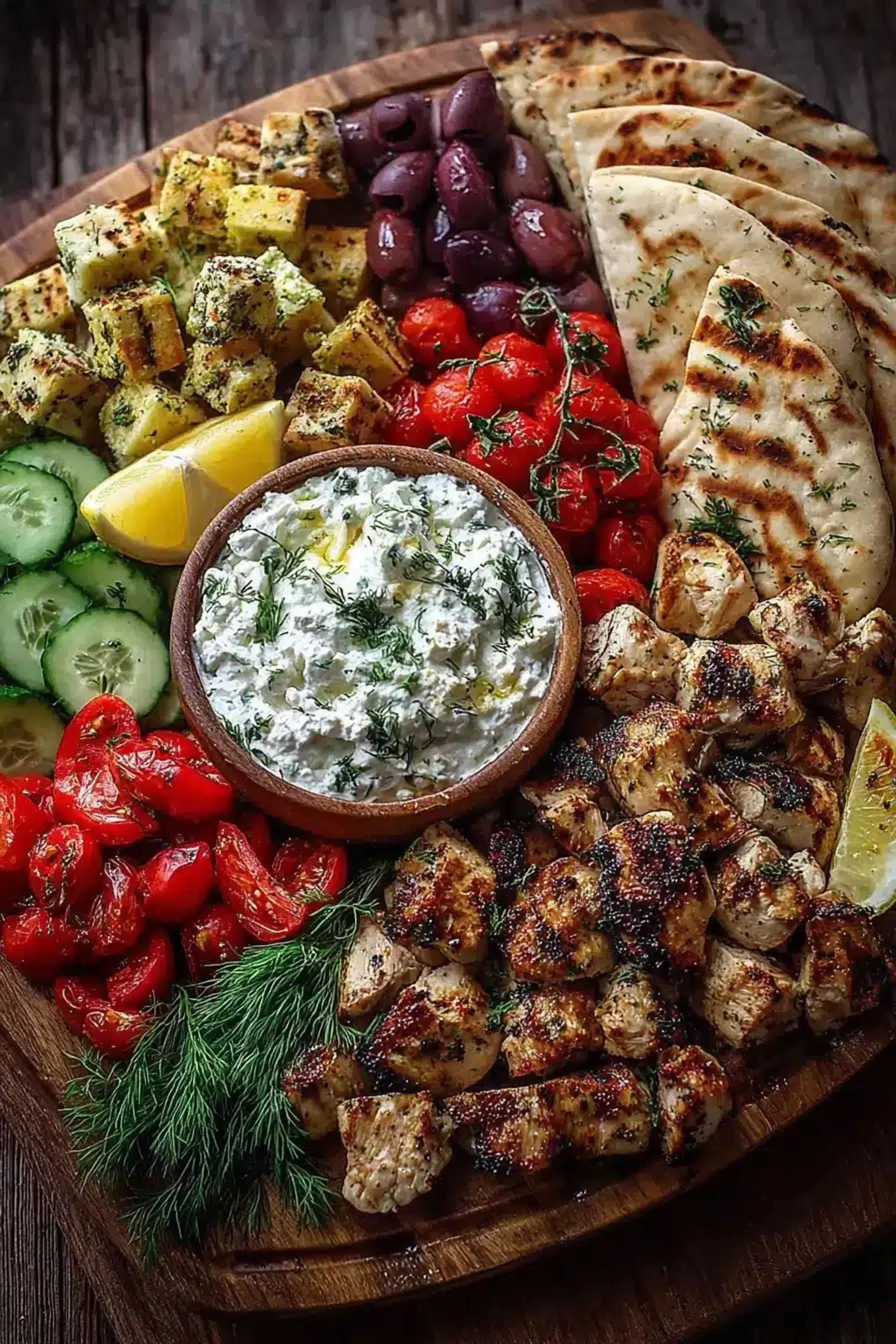 Greek Chicken Souvlaki Grazing Board with Feta Dip