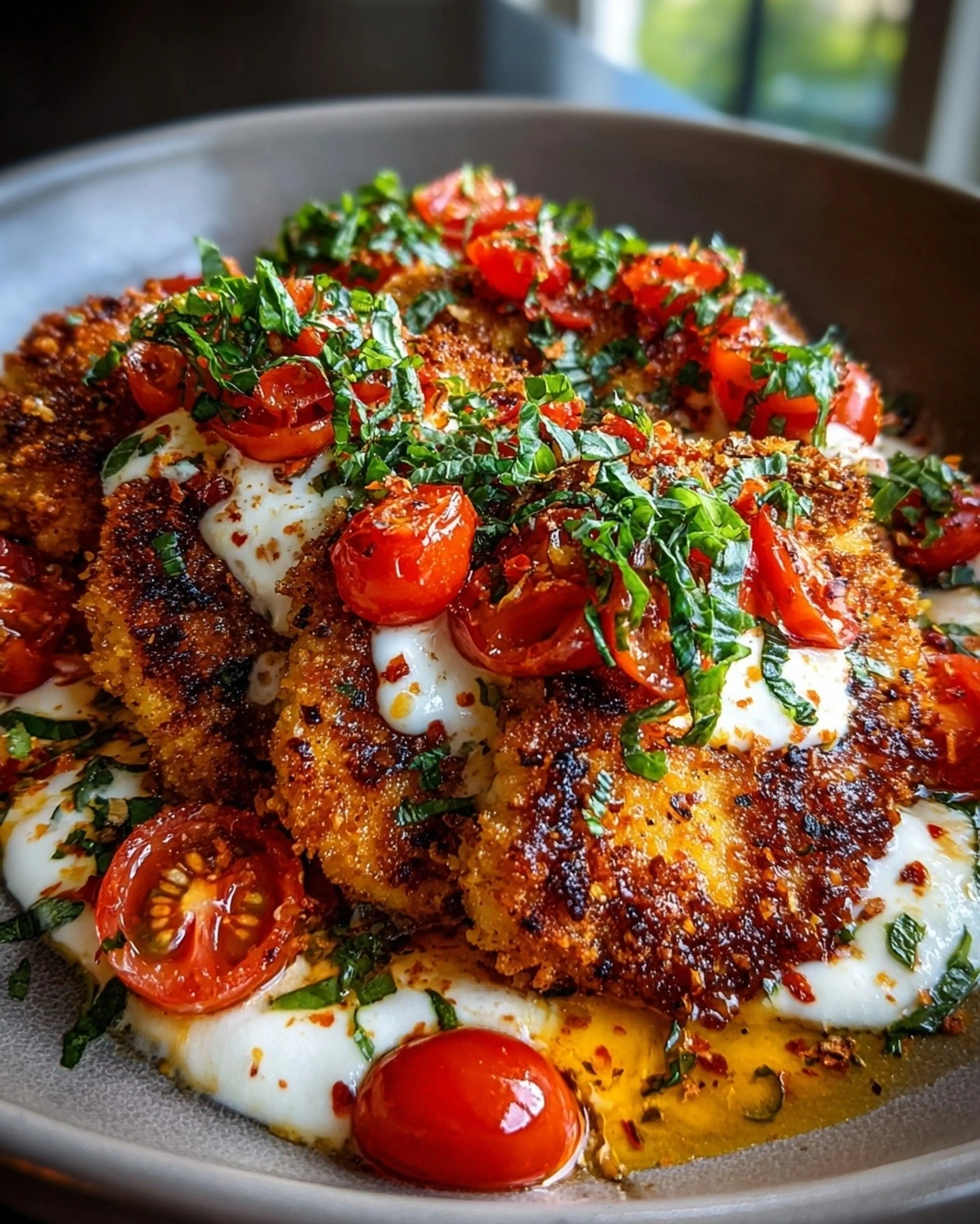Italian Basil Chicken Cutlets with Tomato and Creamy Burrata