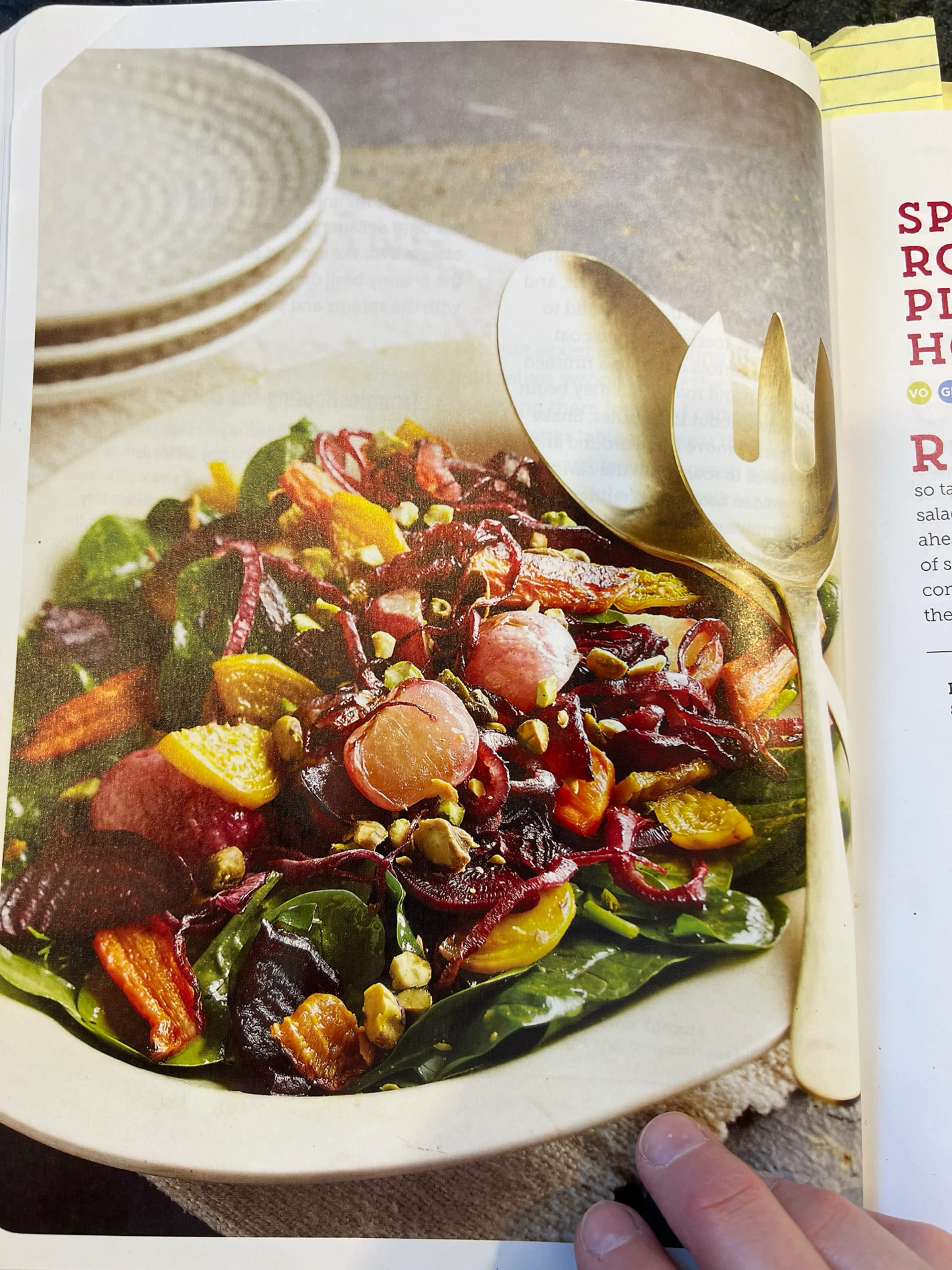 SPINACH, ROASTED ROOT "PETALS," PISTACHIOS, AND HONEY VINAIG