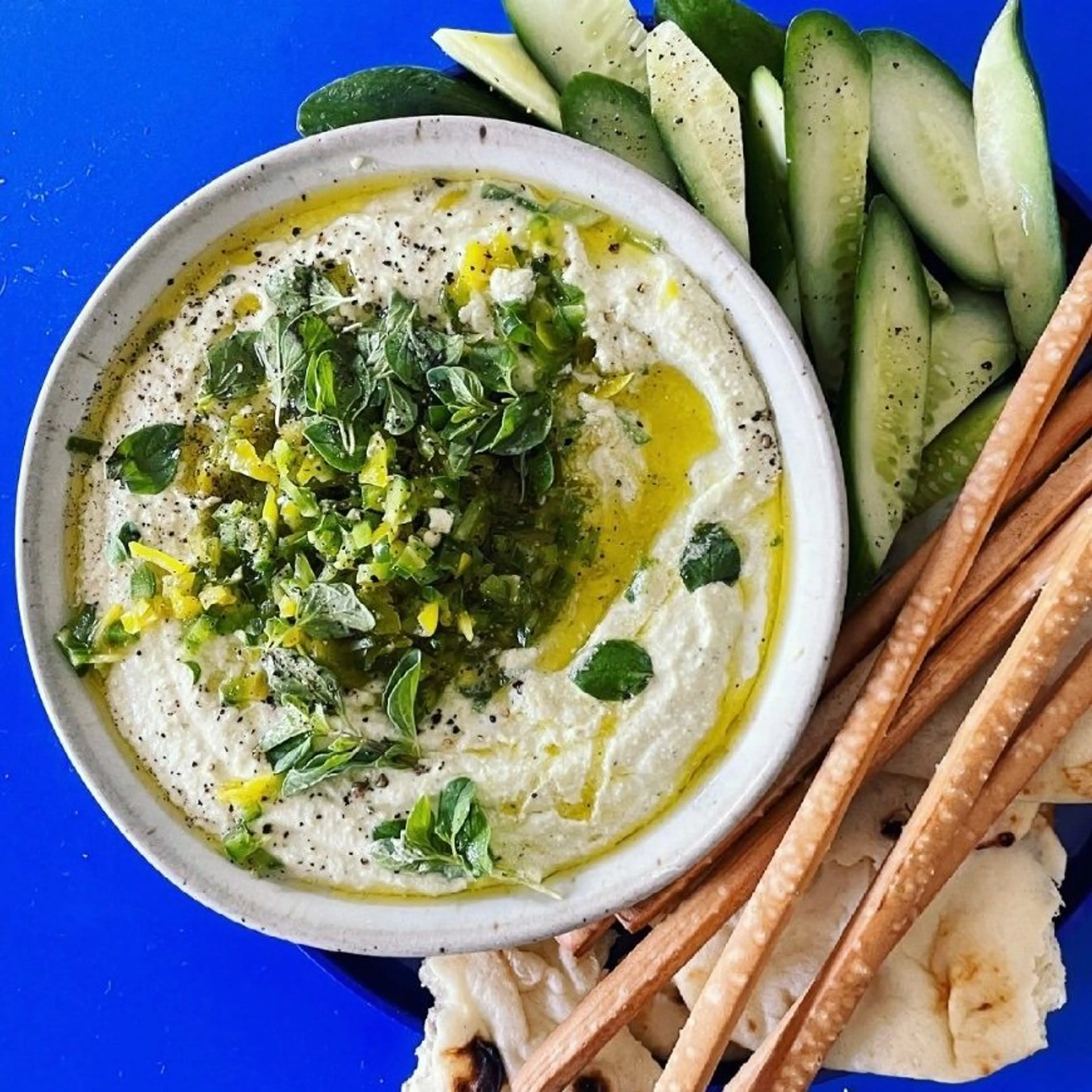 Spicy Feta Dip with Charred and Pickled Pepps