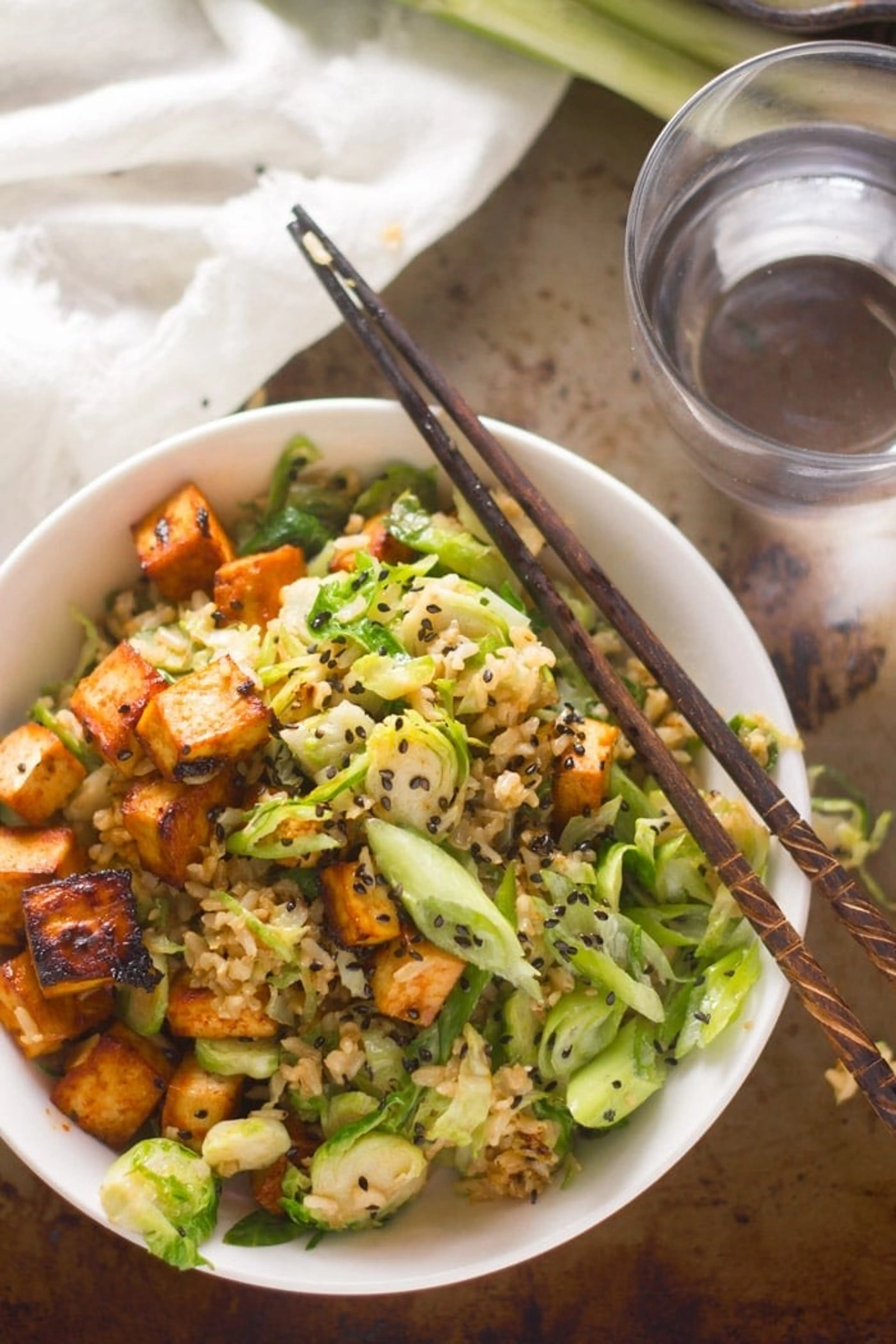 Brussels Sprout Fried Rice with Spicy Baked Tofu