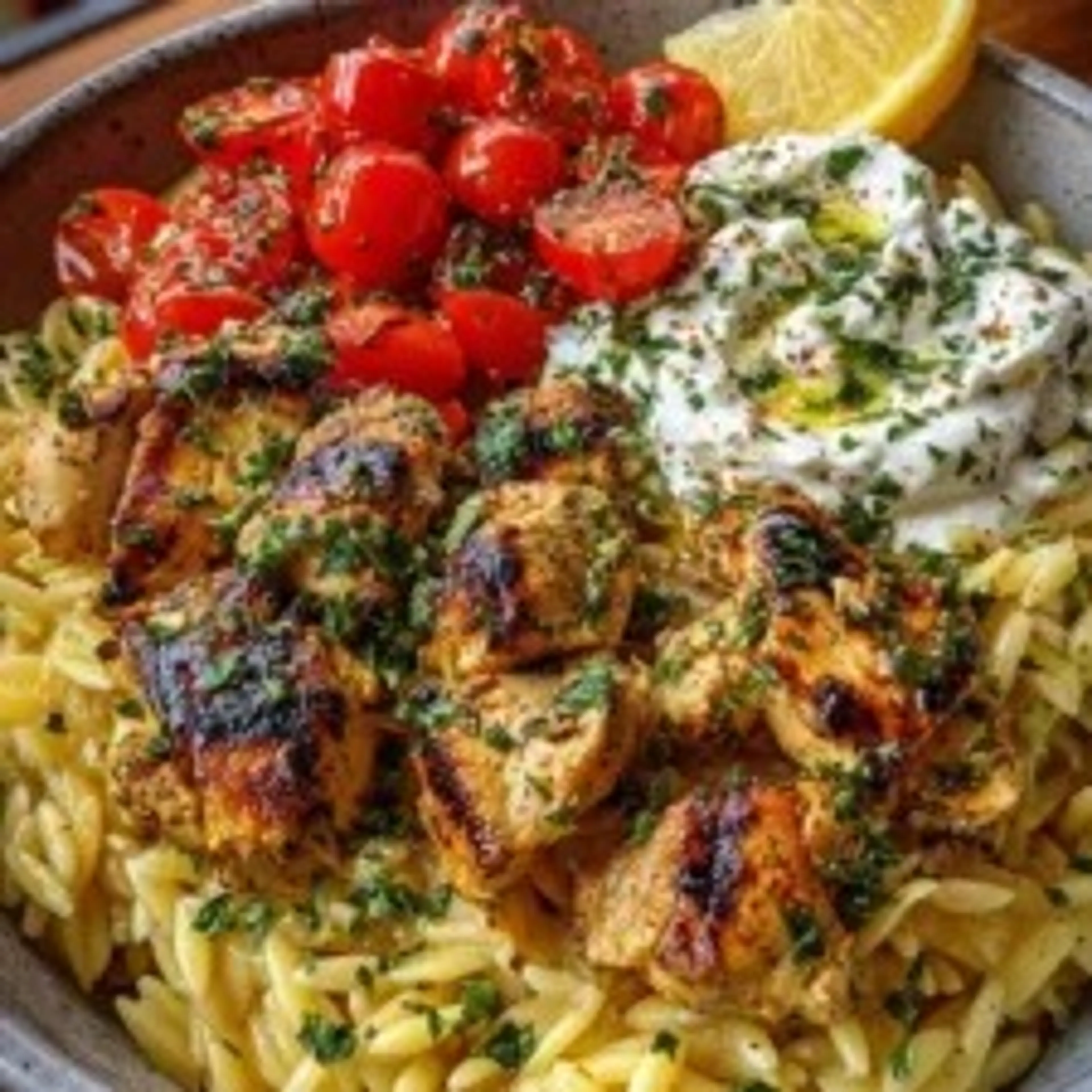 Lemon Dijon Chicken Orzo bowl