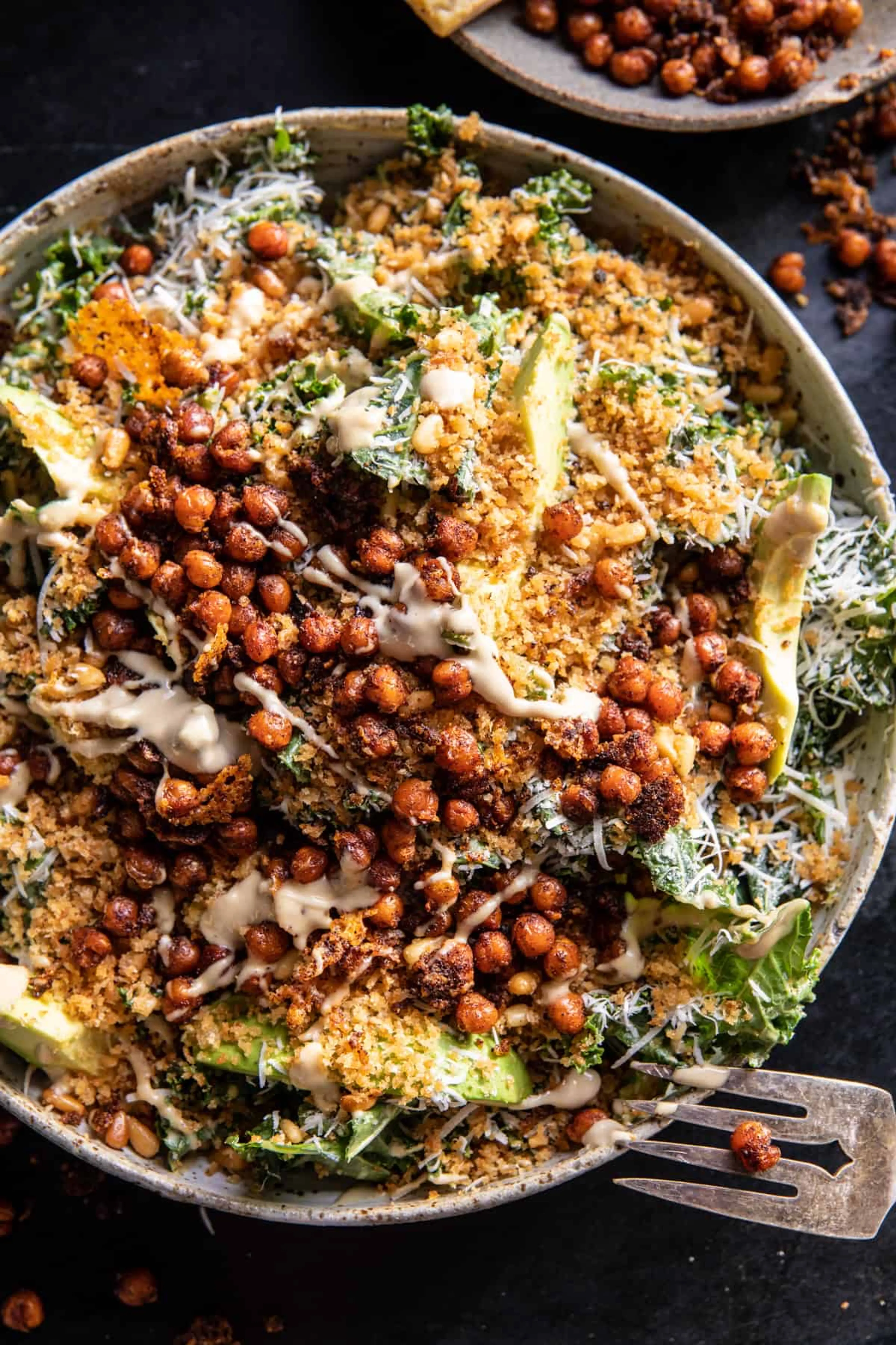 Parmesan Tahini Kale Salad with Breadcrumbs Chickpeas