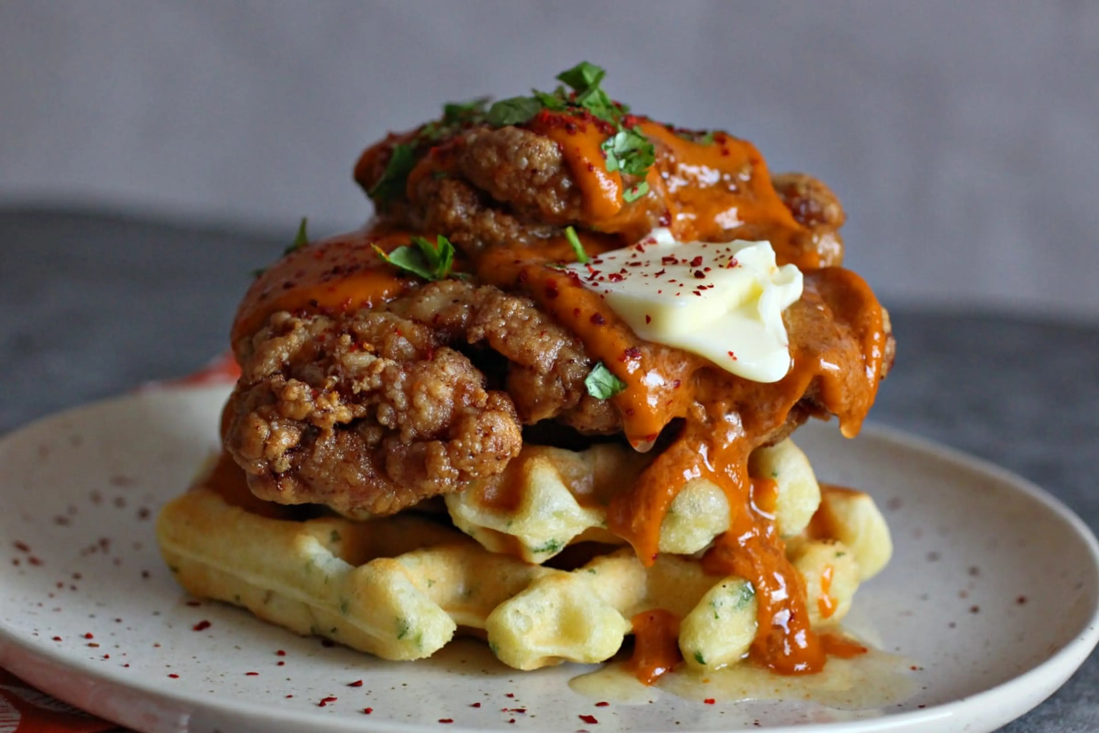 Fried Butter Chicken and Garlic Waffles