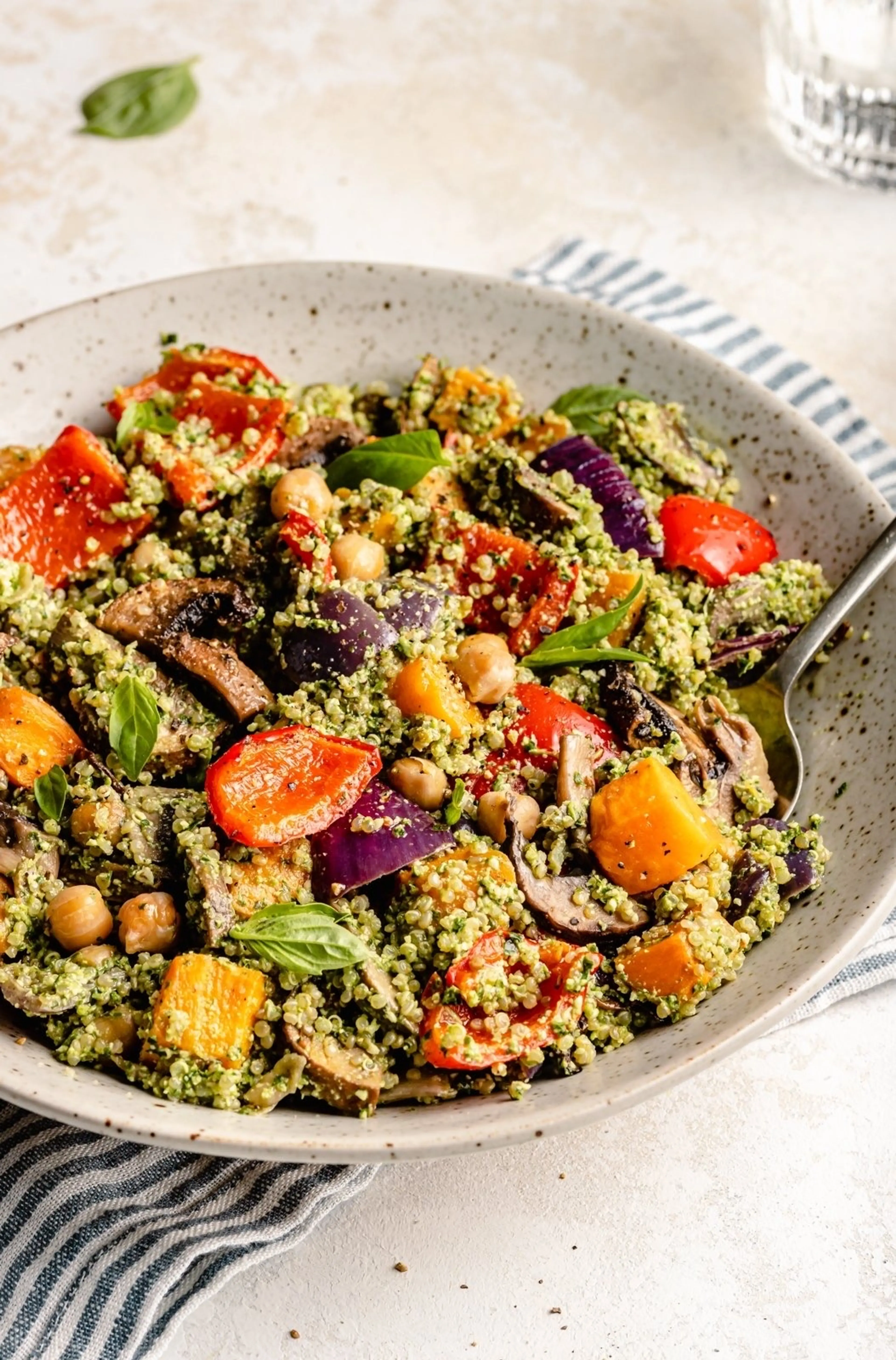 Roasted Veggie, Chickpea & Pesto Quinoa Salad