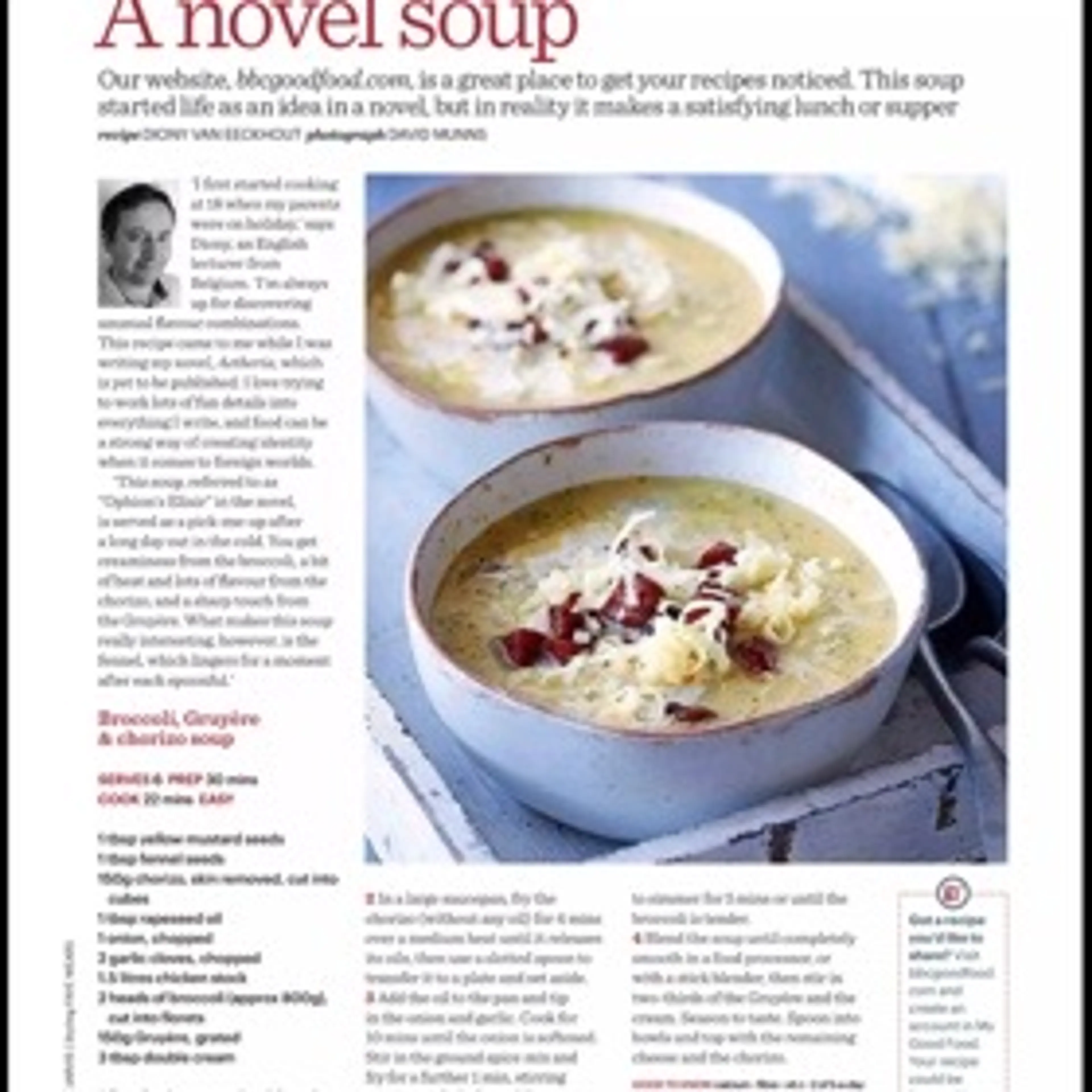 Broccoli, Gruyére & chorizo soup