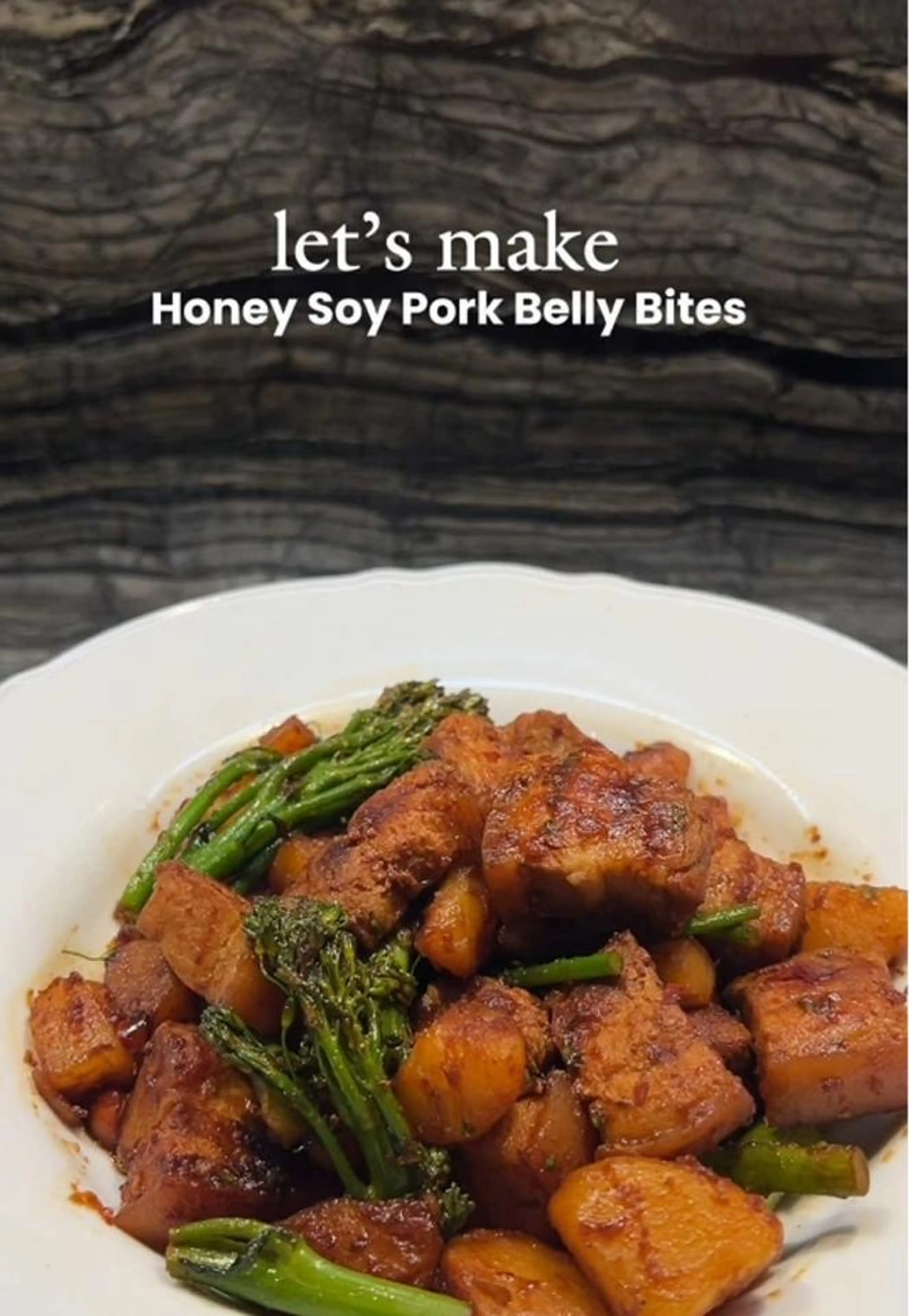 Honey Soy Pork Belly Bites with Potatoes and Broccolini