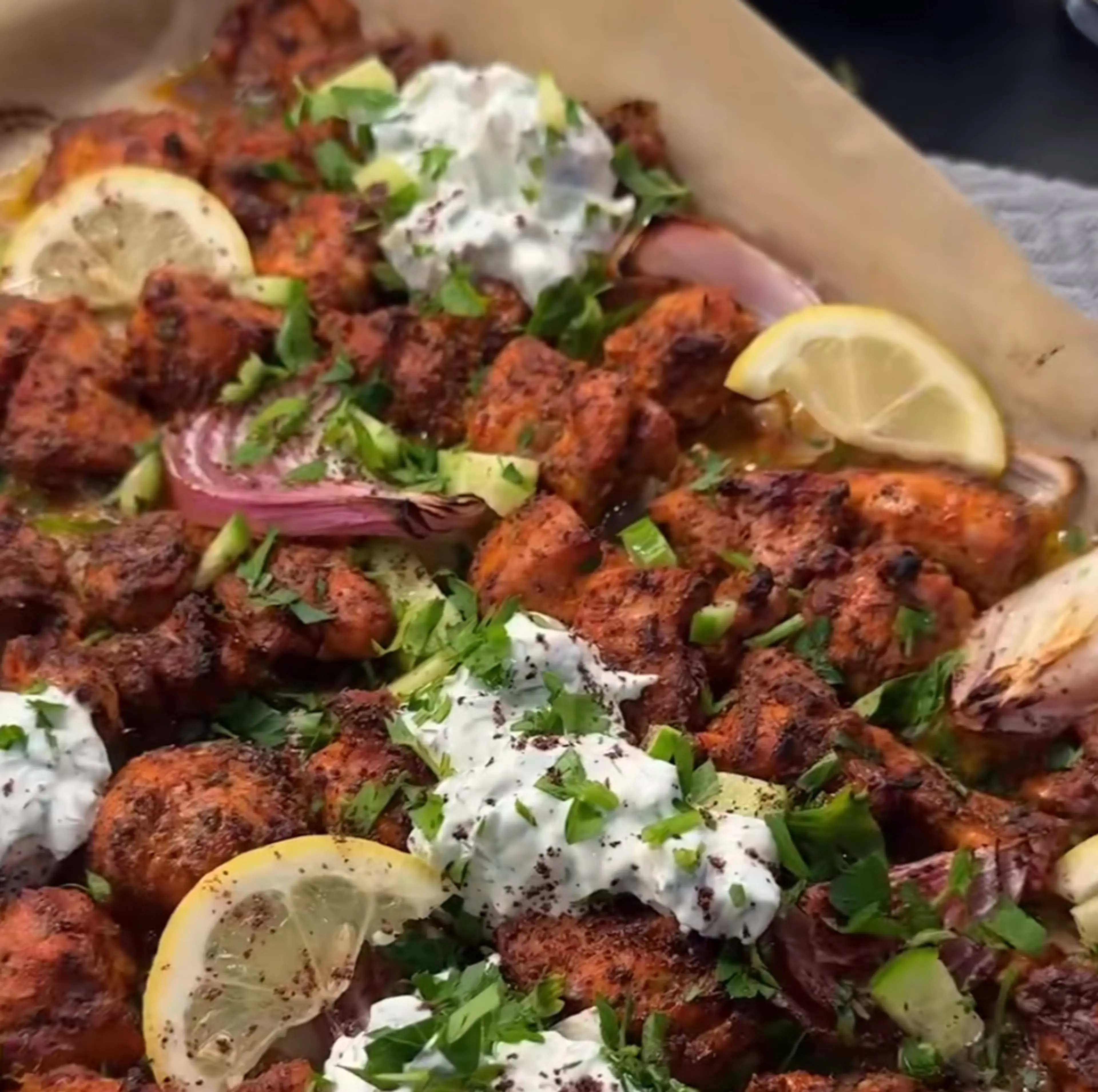 Sheet Pan Chicken Shawarma with Cucumber Yogurt Sauce