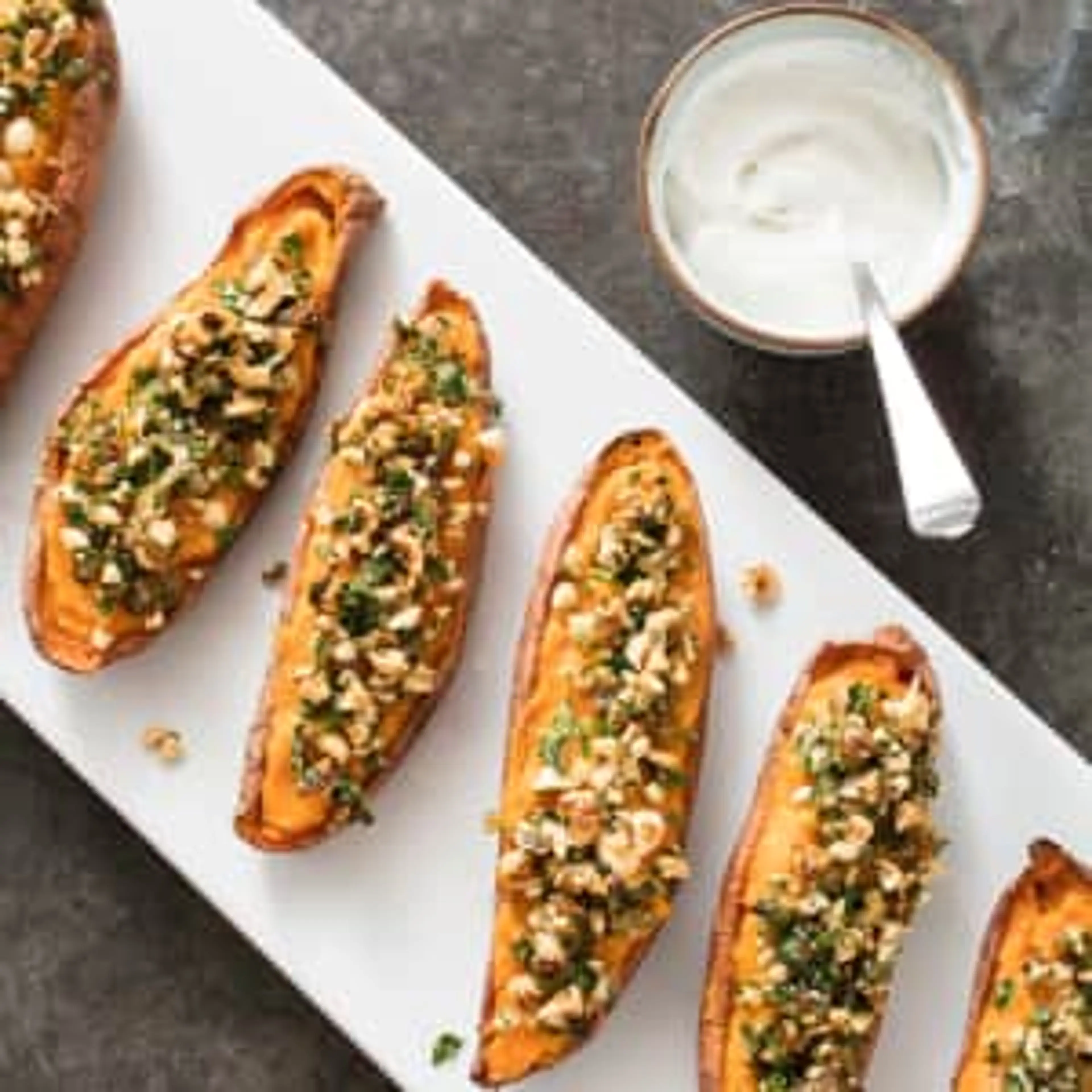 Baked Stuffed Sweet Potatoes with Shallots and Hazelnuts