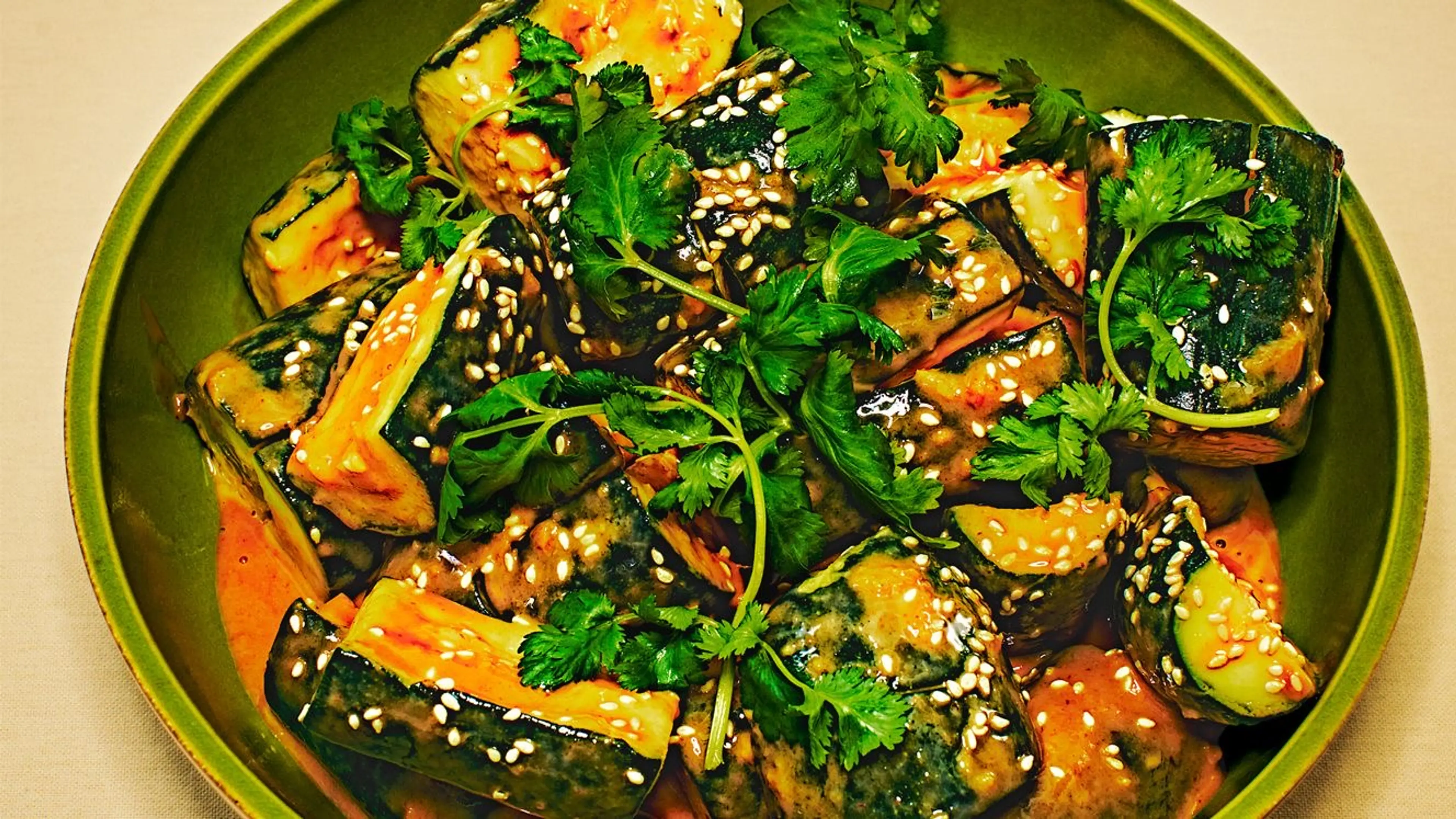 Smashed Zucchini With Tahini-Ginger Dressing