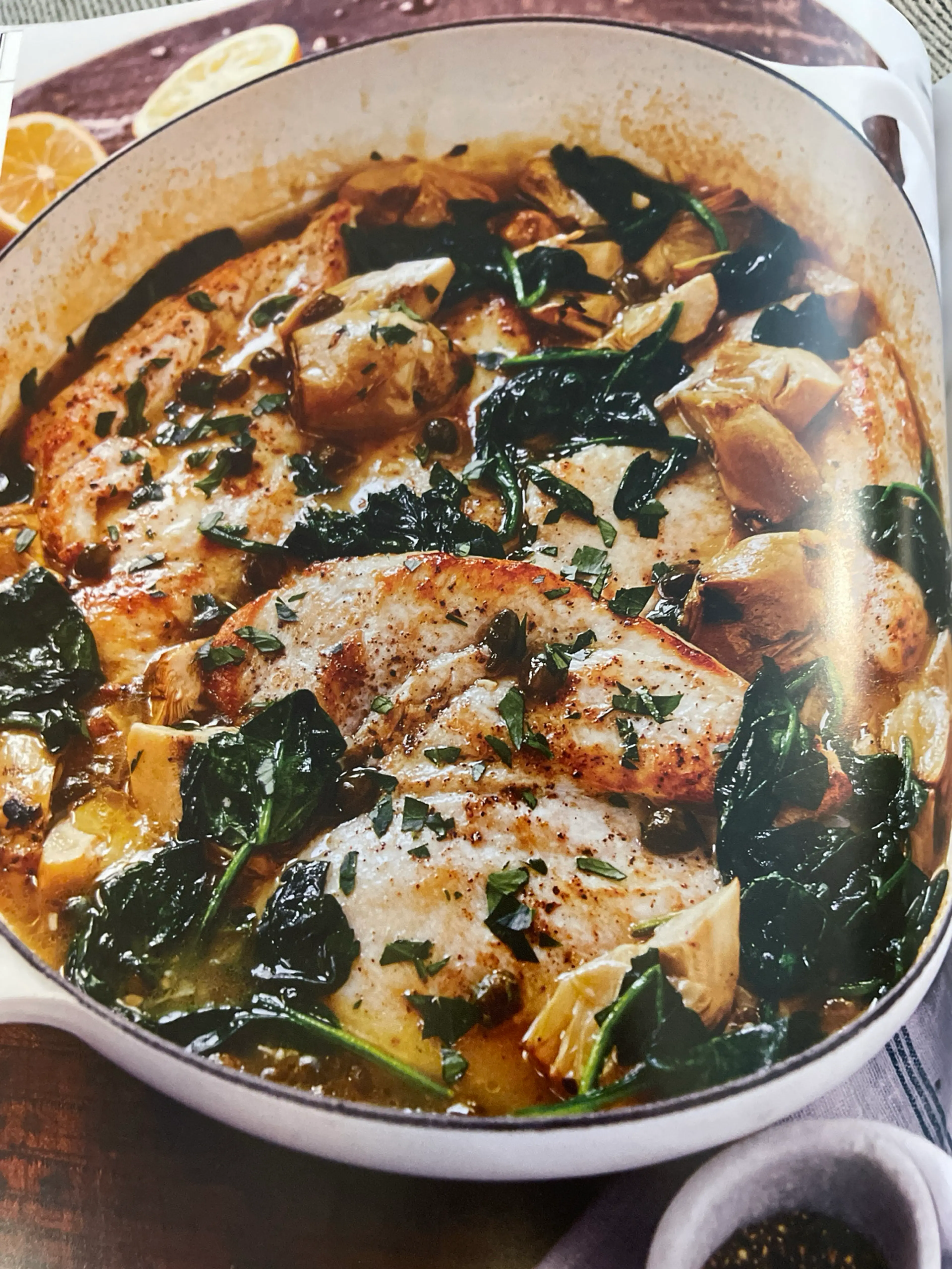 CHICKEN PICCATA WITH ARTICHOKES AND SPINACH Serves 4 to 6 •